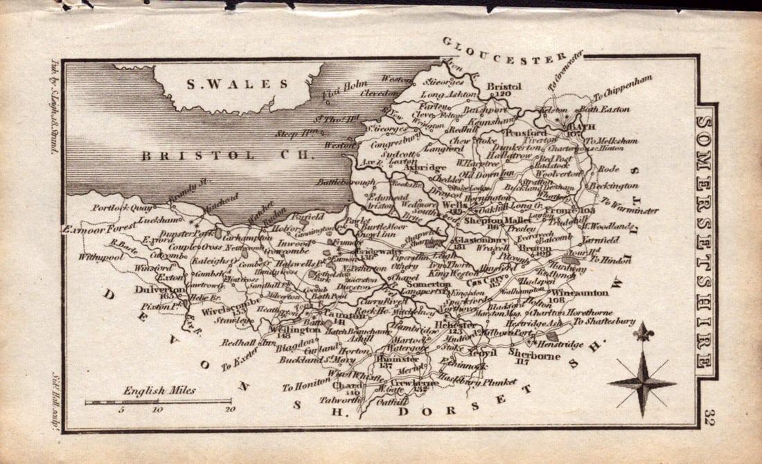 Somersetshire Antique Copper Engraved George IV Map by Sidney Hall. (1 of 2)