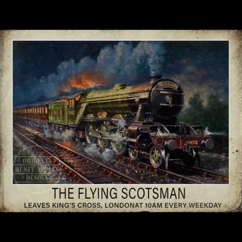 Flying Scotsman Poster ""Leaving Kings Cross London 10am Weekdays"" Metal Wall Art: Title: Flying Scotsman Poster ""Leaving Kings Cross London 10am Weekdays"" Metal Wall Art Description: ★ Approx Size 8” x 6” (Inches) 200 x 150 (mm). ★ Our Metal Art Des