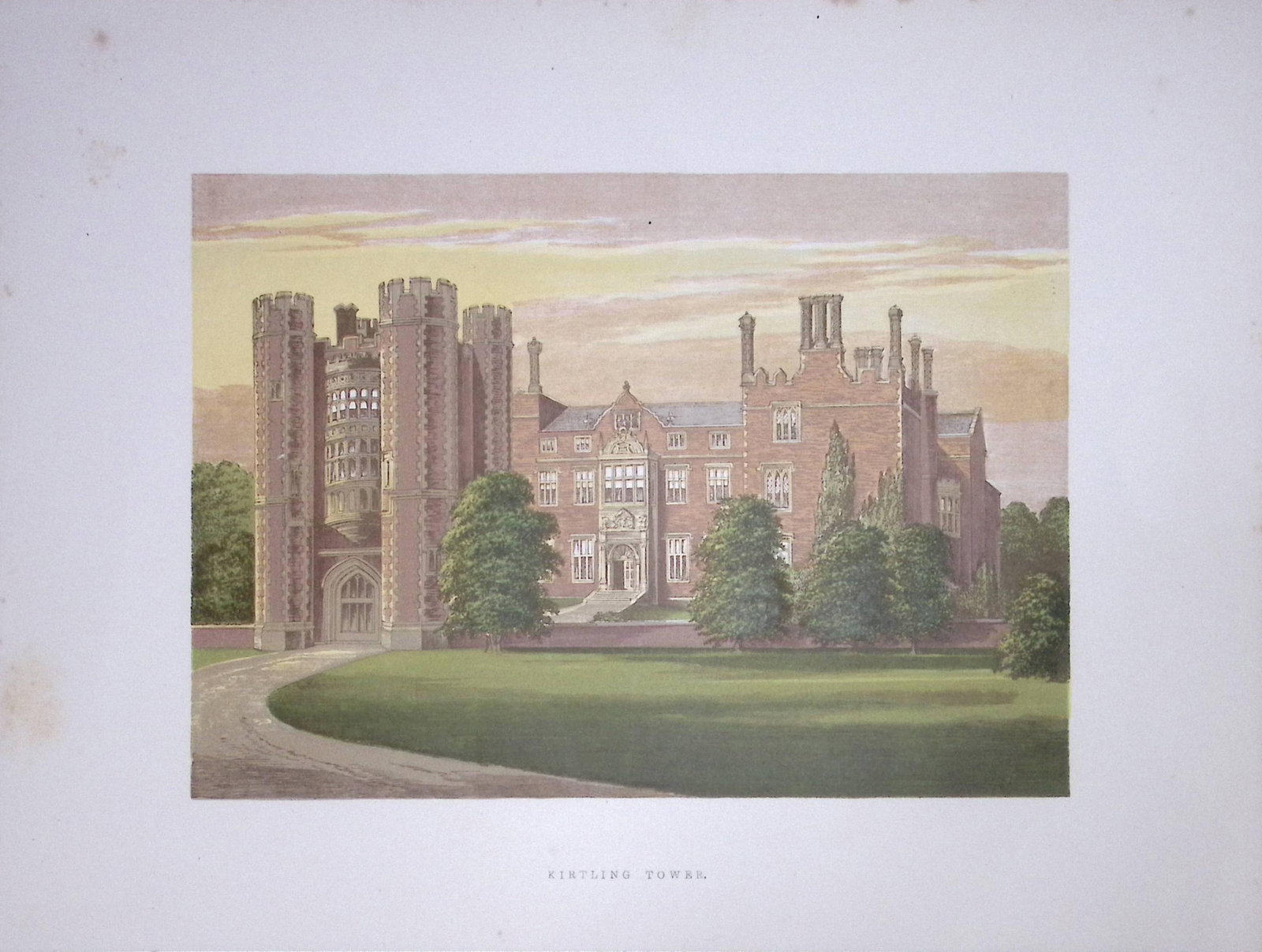 Kirtling Tower Cambridgeshire 160 Years-Old Gilt-Edge Antique Book Plate-36: Title: Kirtling Tower Cambridgeshire 160 Years-Old Gilt-Edge Antique Book Plate-36 Description: This Stunning Gilt-Edged Colour Plate illustrated by Alexander Francis Lydon and Coloured By. Benjamin