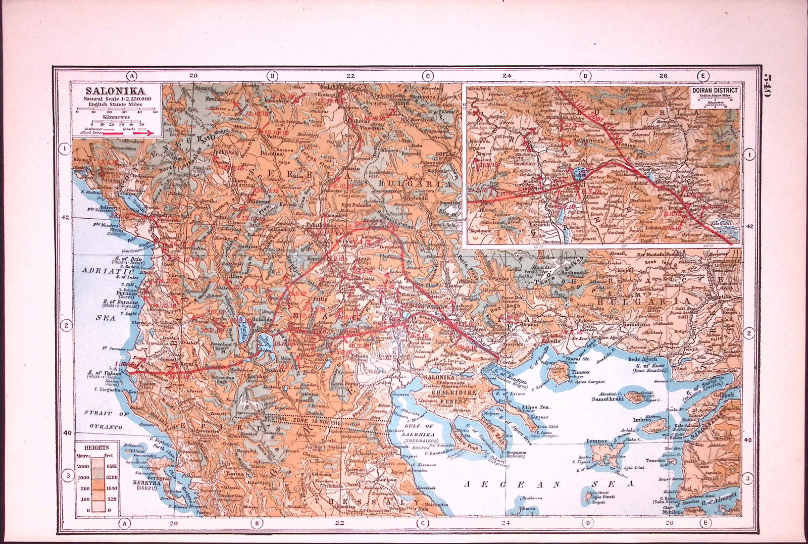 WW1 Salonika & Dorian District Antique 1922 Coloured Map-540 (1 of 3)