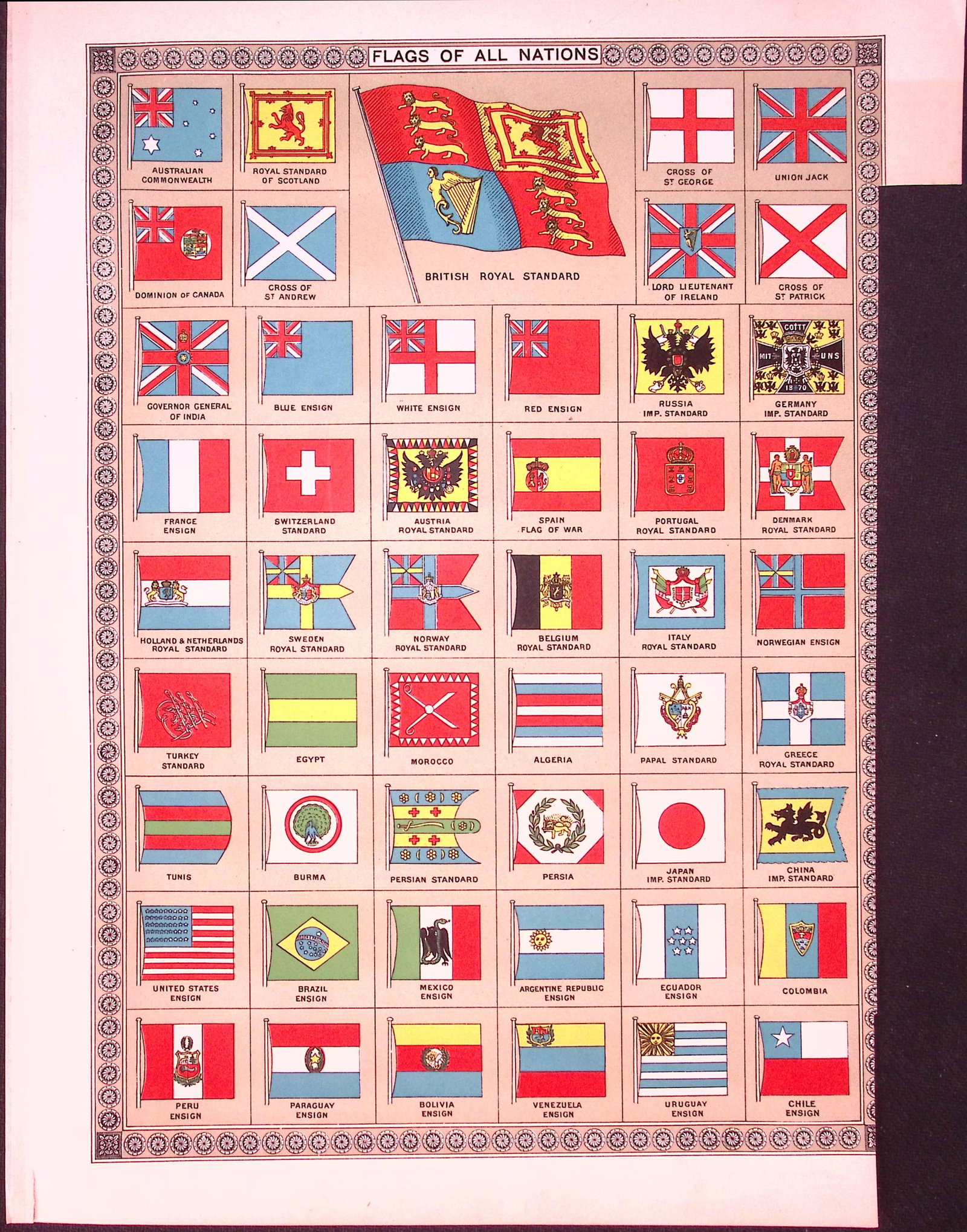 Flags of All Nations 120-Year-Old Antique Coloured Map by G.W. Bacon: Title: Flags of All Nations 120-Year-Old Antique Coloured Map by G.W. Bacon Description: Flags of All Nations 120-Year-Old Antique Map by G.W. Bacon This Antique Map Has Been Removed from an