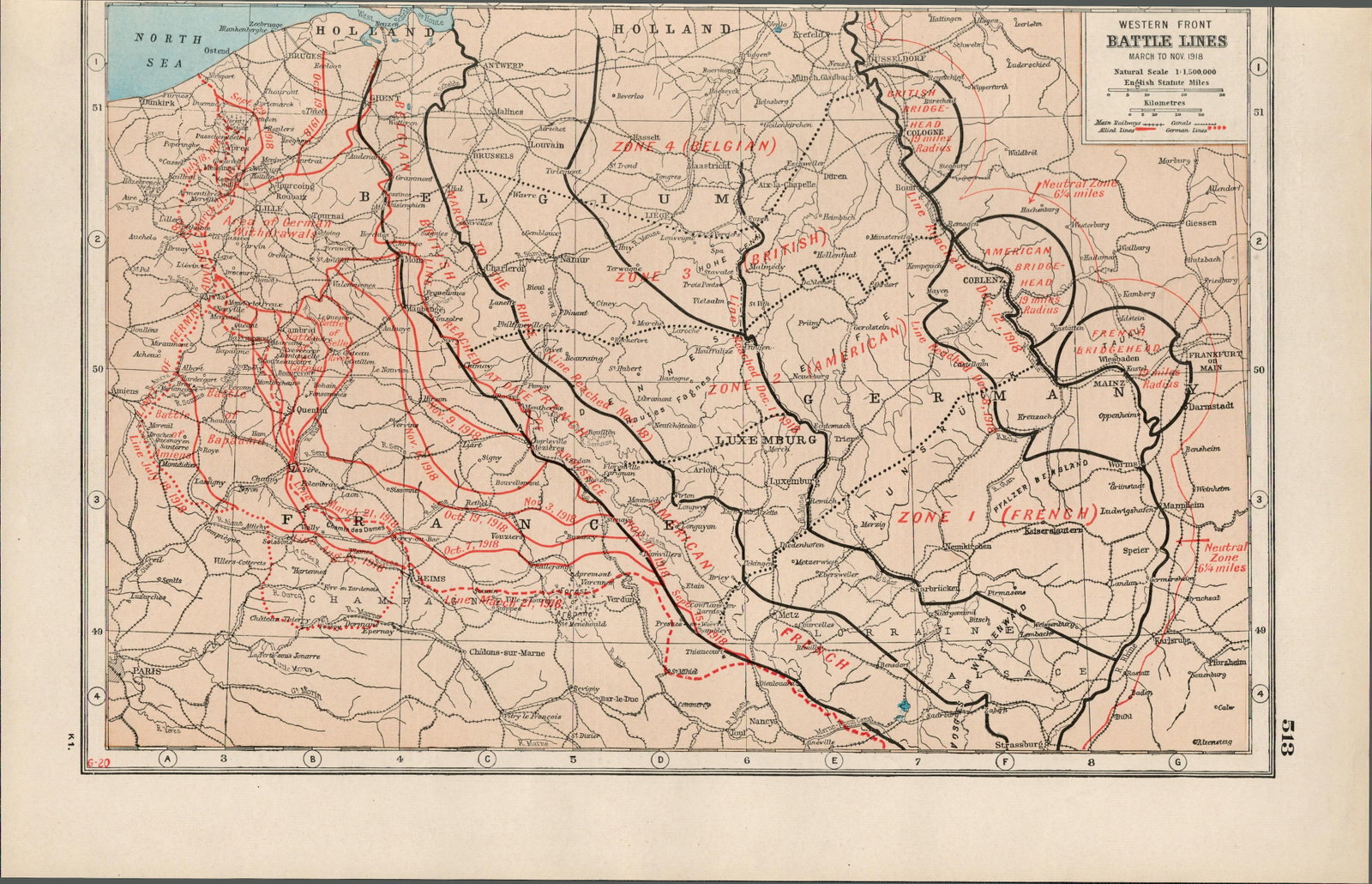 WW1 The Western Front Battle Lines Antique 1922 Coloured Map-513 (1 of 3)