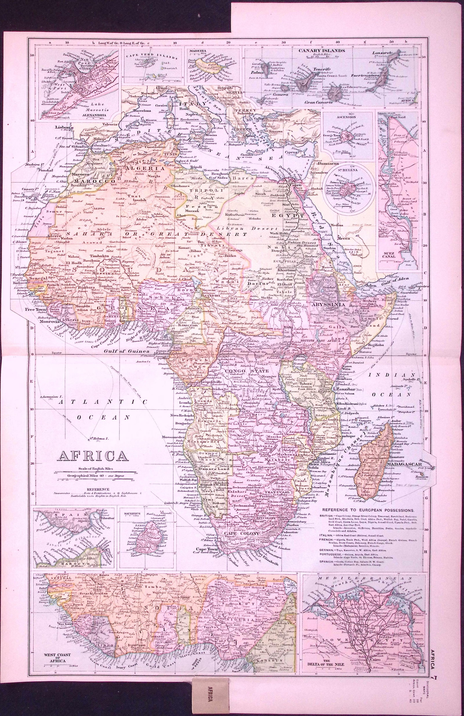 Africa 120-Year-Old Large Coloured Antique Map by G.W. Bacon-7: Title: Africa 120-Year-Old Large Coloured Antique Map by G.W. Bacon-7 Description: This Antique Map Has Been Removed from an Edition of. Bacons Popular Atlas of The World. Published In 1906 