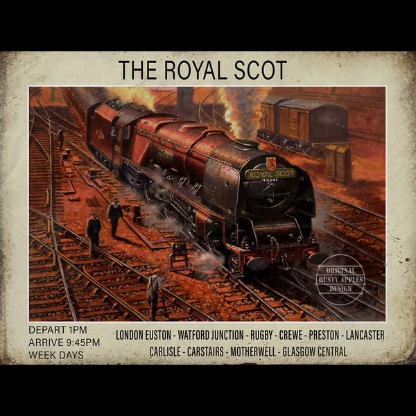 The Royal Scot ""Departs London-Glasgow"" Nostalgic Steam Train Metal Wall Art: Title: The Royal Scot ""Departs London-Glasgow"" Nostalgic Steam Train Metal Wall Art Description: ★ Approx Size 12” x 8” (Inches) 300 x 200 (mm). ★ Our Metal Art Design Comes