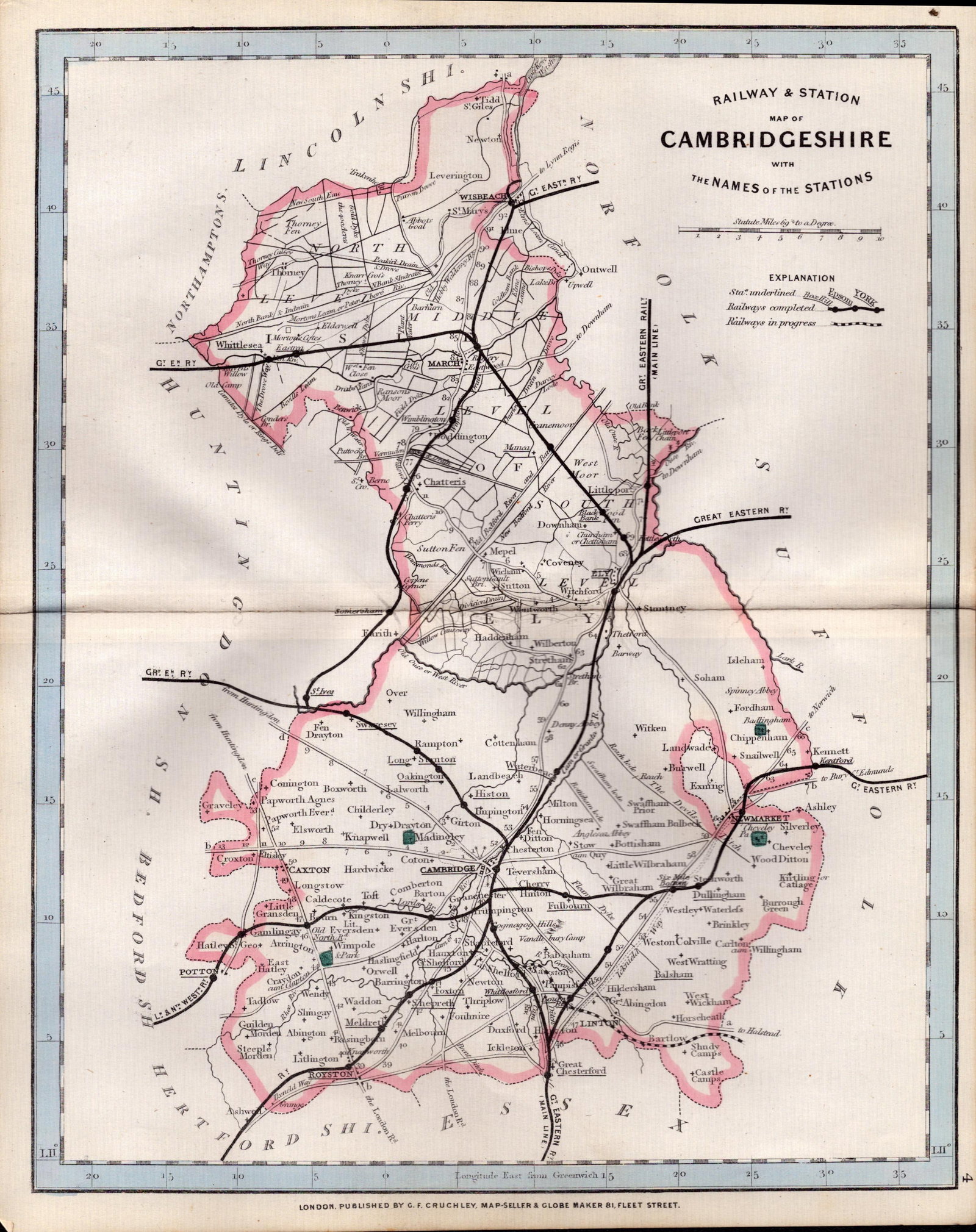 Cambridgeshire Cruchley Scarce Antique Railways & Stations Coloured Map. (1 of 2)