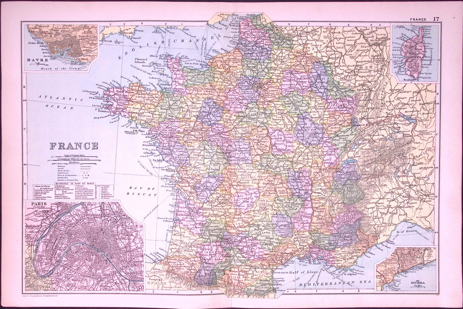 France & Paris 120-Year-Old Large Coloured Antique Map by G.W. Bacon-17: Title: France & Paris 120-Year-Old Large Coloured Antique Map by G.W. Bacon-17 Description: This Antique Map Has Been Removed from an Edition of. Bacons Popular Atlas of The World. Published In