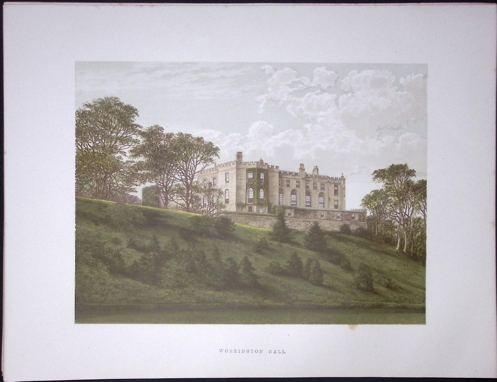 Workington Hall Cumbria 160 Years-Old Gilt-Edge Coloured Antique Book Plate-7: Title: Workington Hall Cumbria 160 Years-Old Gilt-Edge Coloured Antique Book Plate-7 Description: This Stunning Gilt-Edged Colour Plate illustrated by Alexander Francis Lydon and Coloured By. B