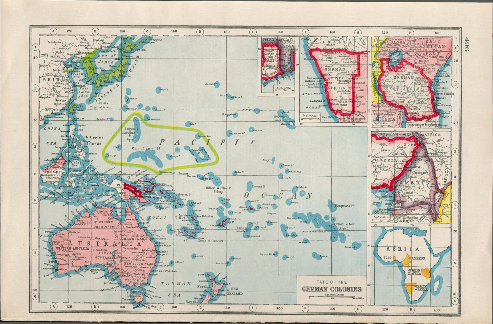 WW1 Fate of the German Colonies 1922 Coloured Antique Map-496: Title: WW1 Fate of the German Colonies 1922 Coloured Antique Map-496 Description: Removed from an Antique 1922 Harmsworth New Atlas WW1 Supplement. This Single Sheet Measures Approximately 14.5 X 10