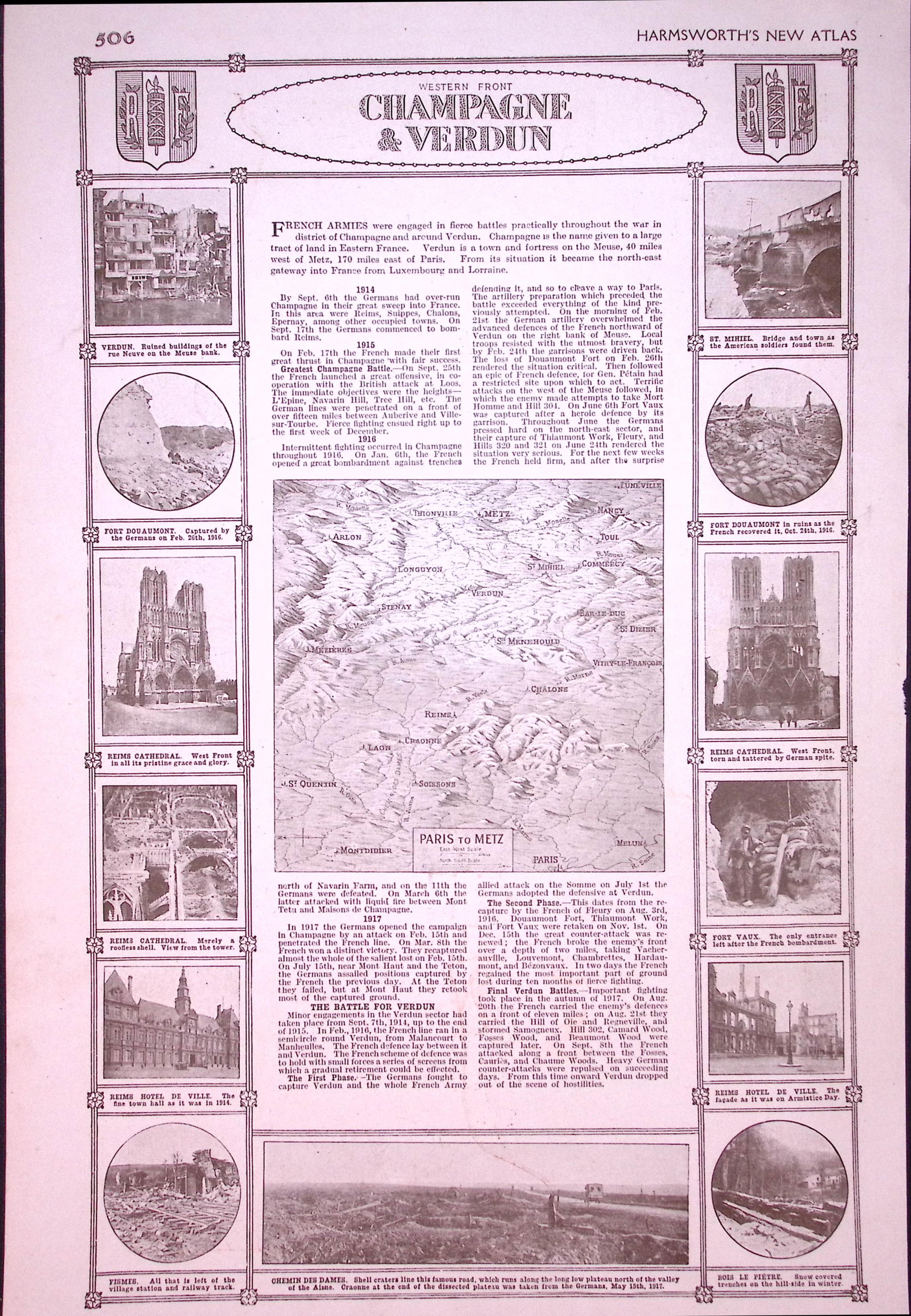 WW1 The Western Front Champagne & Verdun Antique 1922 Map-505 - 2
