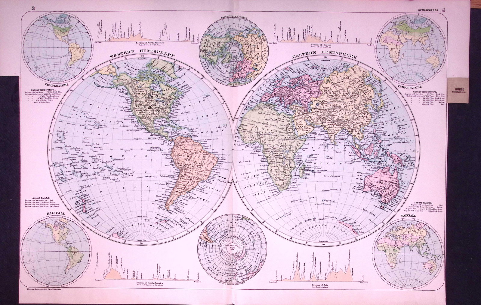 Western & Eastern Hemispheres 120-Year-Old Large Antique Map by G.W. Bacon-4 (1 of 2)