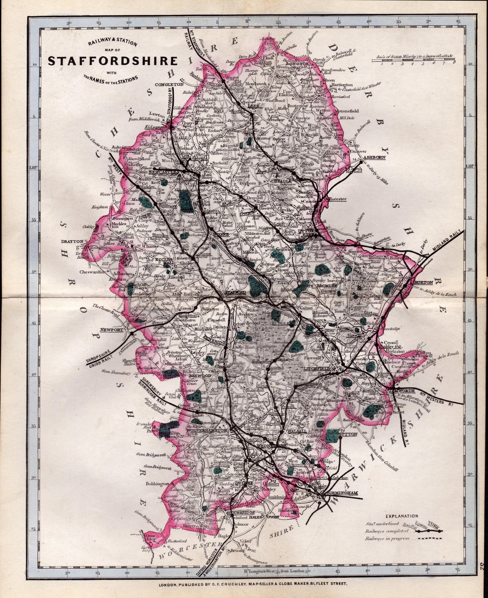 Staffordshire Cruchley Scarce Antique Railways & Stations Coloured Map.: Title: Staffordshire Cruchley Scarce Antique Railways & Stations Coloured Map. Description: This 160 Years-Old Antique Coloured Lithographic Map Was Removed from An Edition of. Cruchley's County