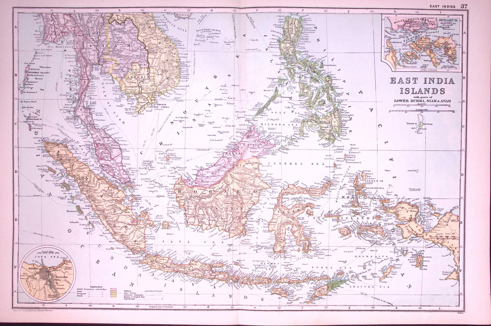 East India Islands 120-Year-Old Large Antique Map by G.W. Bacon-37: Title: East India Islands 120-Year-Old Large Antique Map by G.W. Bacon-37 Description: This Antique Map Has Been Removed from an Edition of. Bacons Popular Atlas of The World. Published In 1906 
