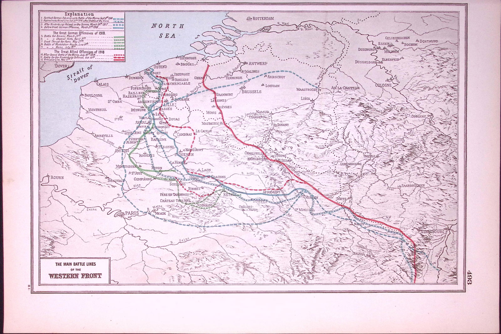 WW1 Western Front Main Battle Lines Antique 1922 Coloured Map-493 (1 of 3)