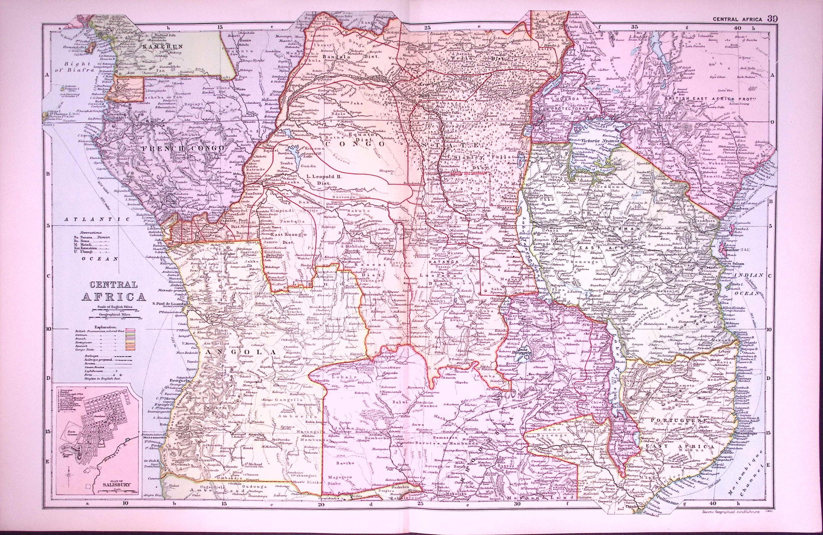 Africa Central 120-Year-Old Large Antique Map by G.W. Bacon-39: Title: Africa Central 120-Year-Old Large Antique Map by G.W. Bacon-39 Description: This Antique Map Has Been Removed from an Edition of. Bacons Popular Atlas of The World. Published In 1906 