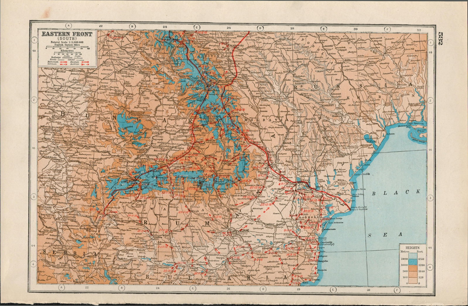 WW1 Along The Eastern Front (South) Antique 1922 Coloured Map-532 (1 of 3)