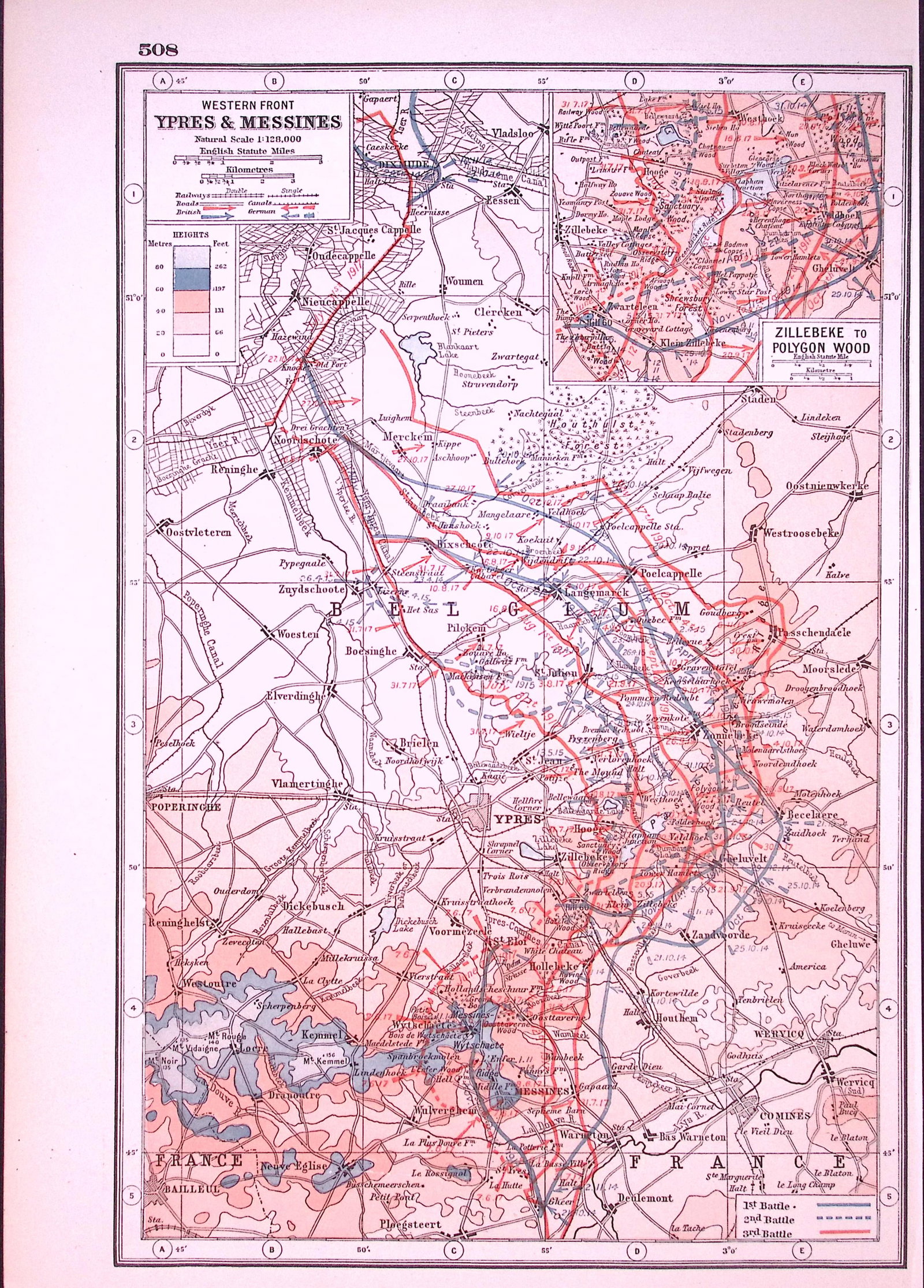 WW1 Western Front Battle Lines Ypres & Messines Antique 1922 Coloured Map-508 (1 of 3)