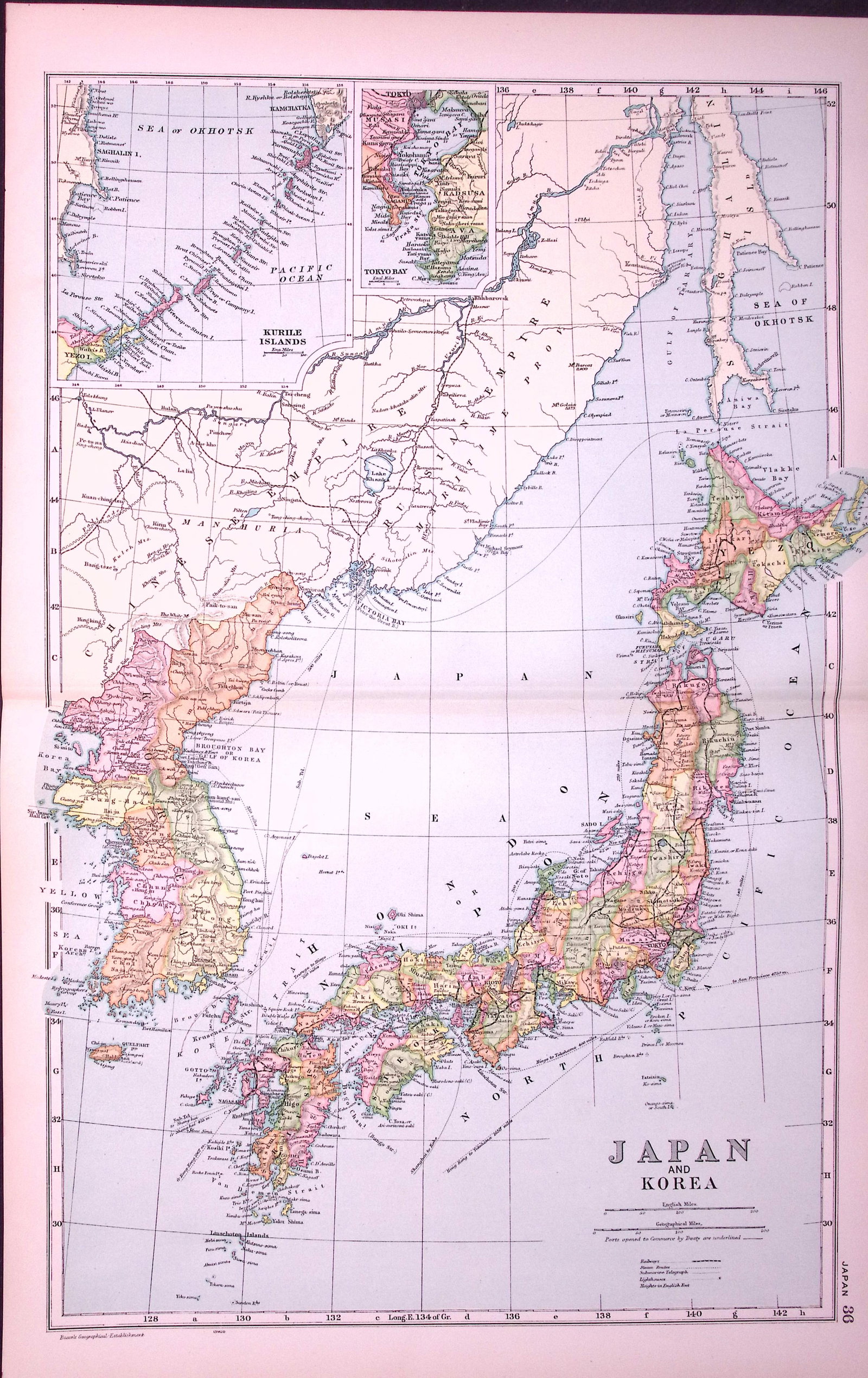 Japan & Korea 120-Year-Old Large Antique Map by G.W. Bacon-36: Title: Japan & Korea 120-Year-Old Large Antique Map by G.W. Bacon-36 Description: This Antique Map Has Been Removed from an Edition of. Bacons Popular Atlas of The World. Published In 1906 