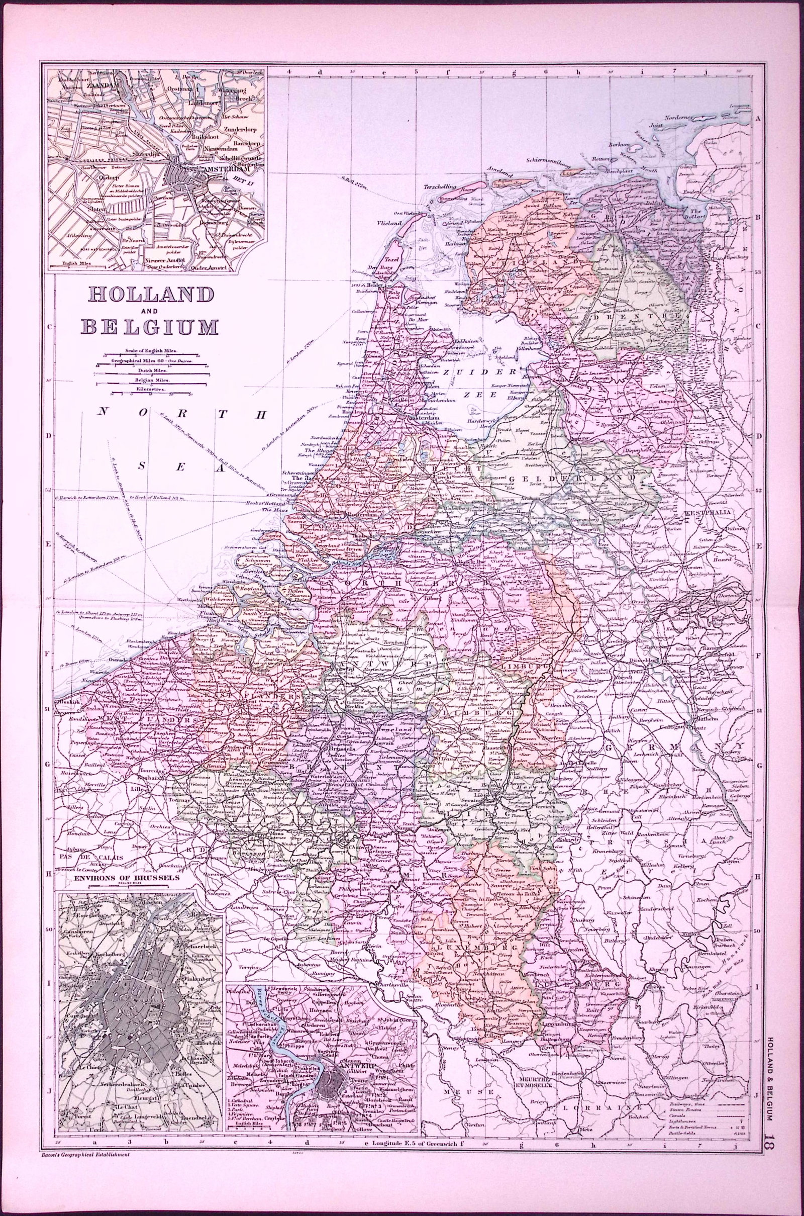 Holland & Belgium 120-Year-Old Large Coloured Antique Map by G.W. Bacon-18: Title: Holland & Belgium 120-Year-Old Large Coloured Antique Map by G.W. Bacon-18 Description: This Antique Map Has Been Removed from an Edition of. Bacons Popular Atlas of The World. Published