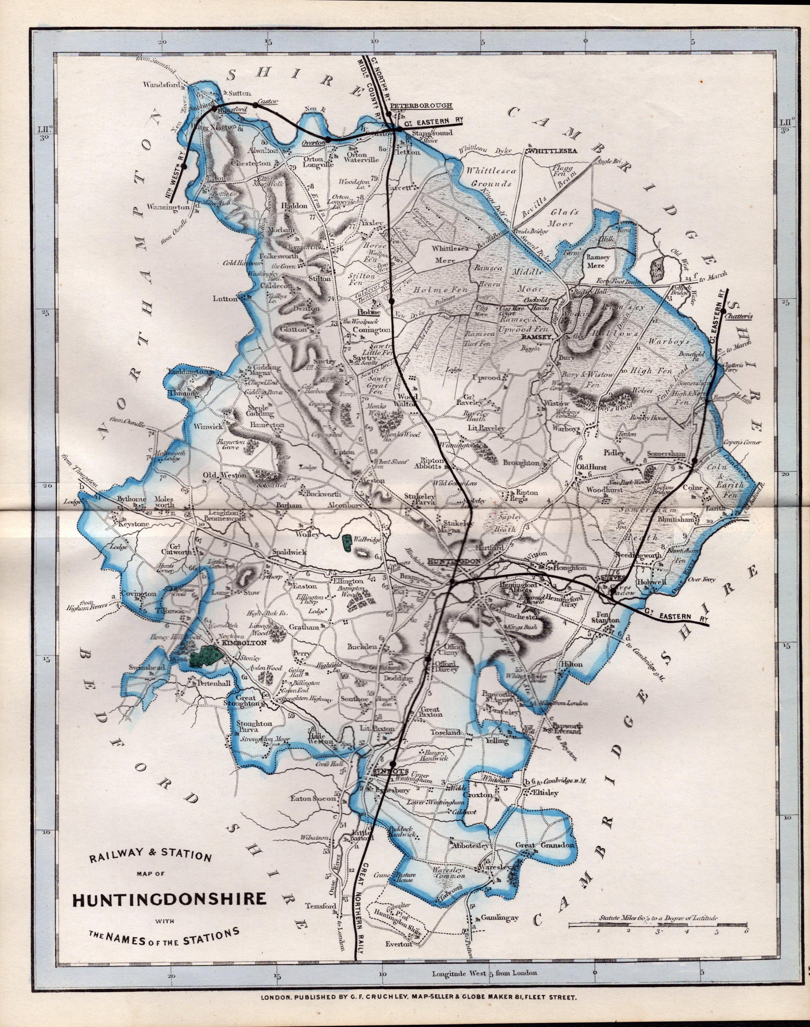 Huntingdon Cruchley Scarce Antique Railways & Stations Coloured Map.: Title: Huntingdon Cruchley Scarce Antique Railways & Stations Coloured Map. Description: This 160 Years-Old Antique Coloured Lithographic Map Was Removed from An Edition of. Cruchley's County