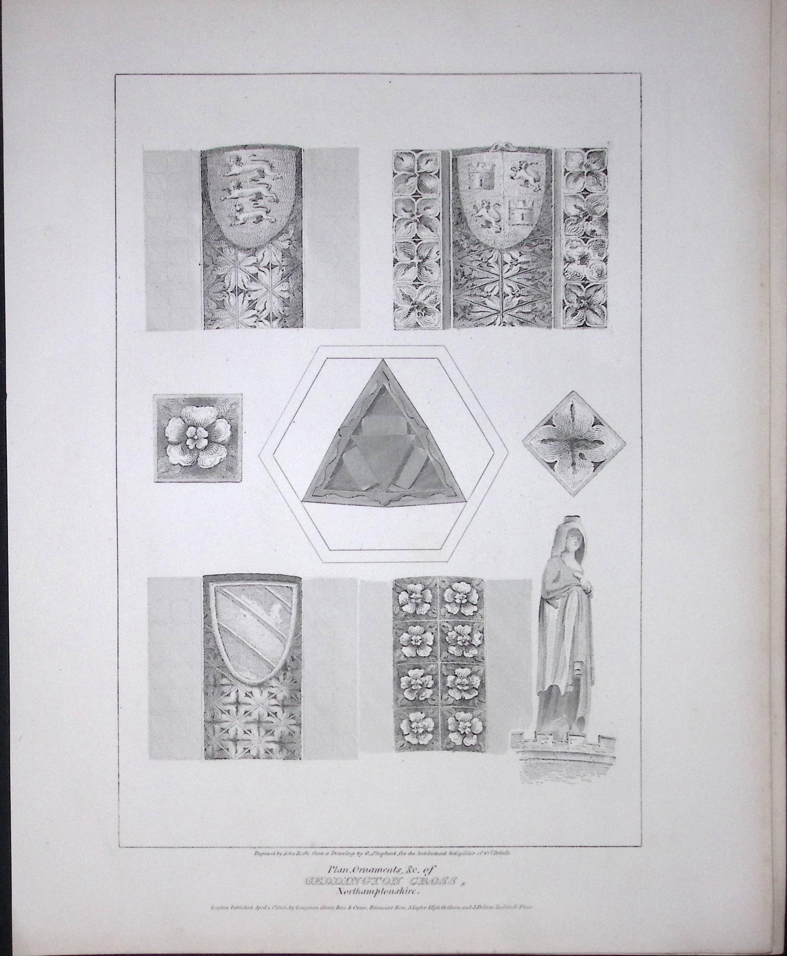 Geddington Cross Northampton 190 Years-Old Rare John Britton Antique Steel Engraving-38 (1 of 2)