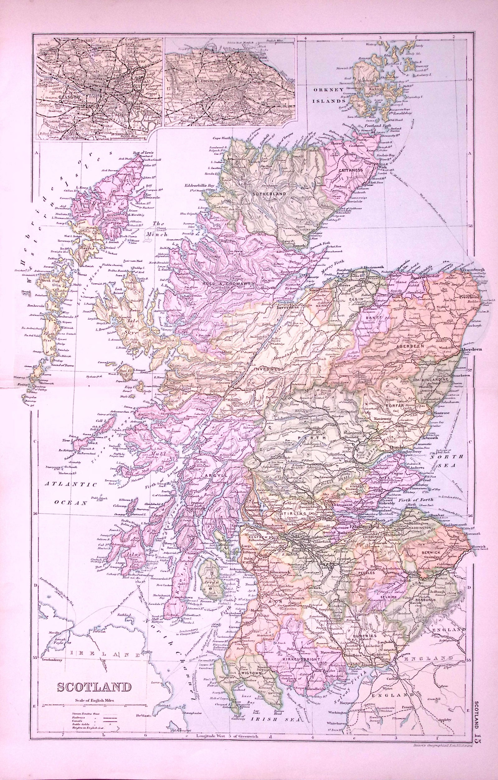 Scotland Edinburgh & Glasgow 120-Year-Old Large Antique Map by G.W. Bacon-15: Title: Scotland Edinburgh & Glasgow 120-Year-Old Large Antique Map by G.W. Bacon-15 Description: This Antique Map Has Been Removed from an Edition of. Bacons Popular Atlas of The World. Published
