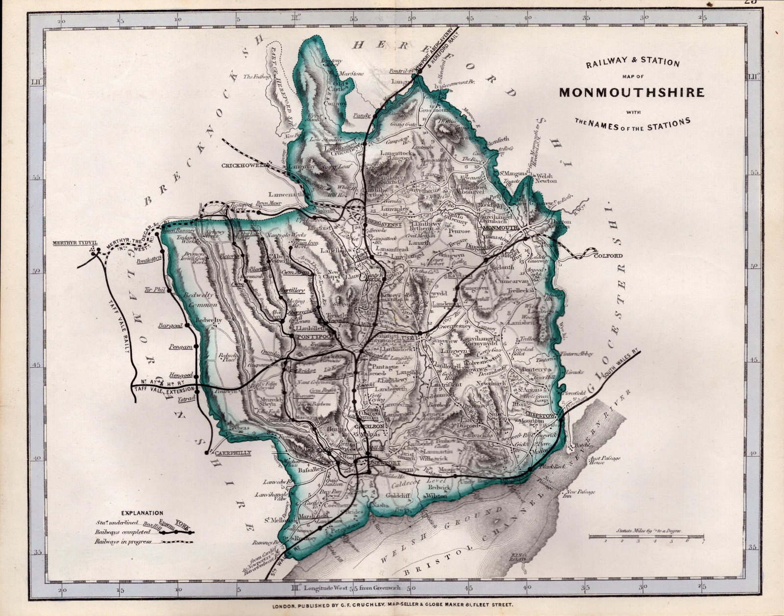 Wales Monmouthshire Cruchley Scarce Antique Railways & Stations Coloured Map.: Title: Wales Monmouthshire Cruchley Scarce Antique Railways & Stations Coloured Map. Description: This 160 Years-Old Antique Coloured Lithographic Map Was Removed from An Edition of. Cruchley's