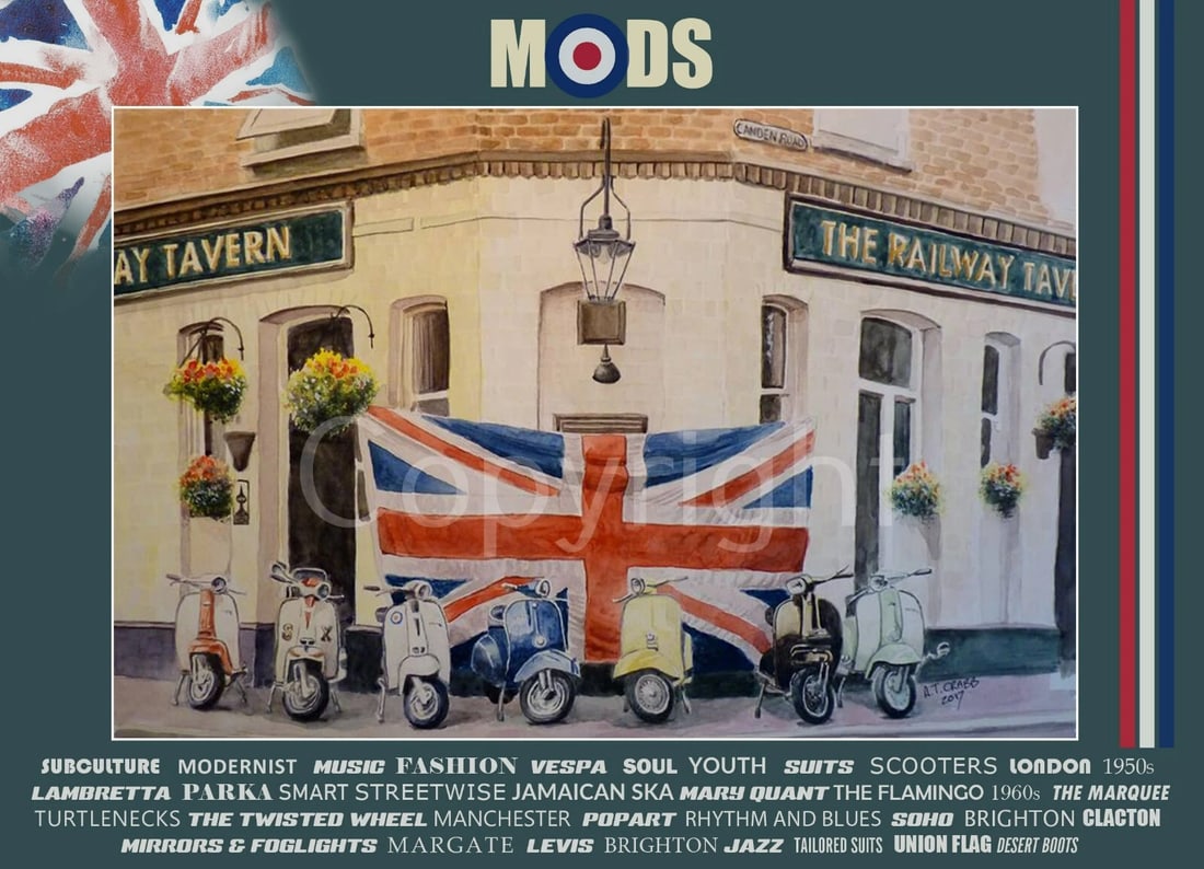 Mods Meet Railway Tavern London Nostalgic Scene Metal Wall Art: Title: Mods Meet Railway Tavern London Nostalgic Scene Metal Wall Art Description: ★ Approx Size 12” x 8” (Inches) 300 x 200 (mm). ★ Our Metal Art Design Comes with Roun