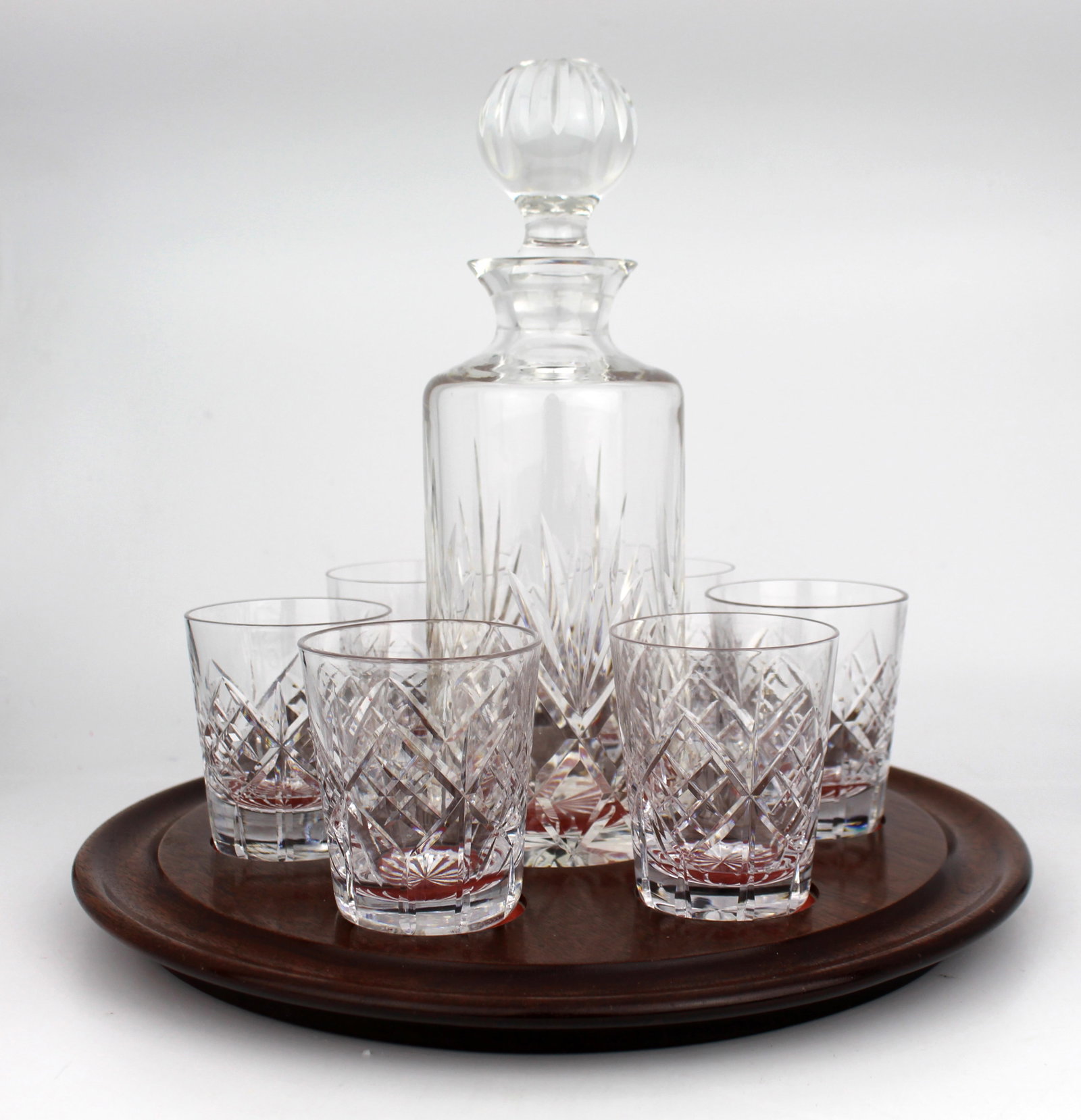 Cut Glass Crystal Decanter & 6 Glasses on Mahogany Stand (1 of 4)