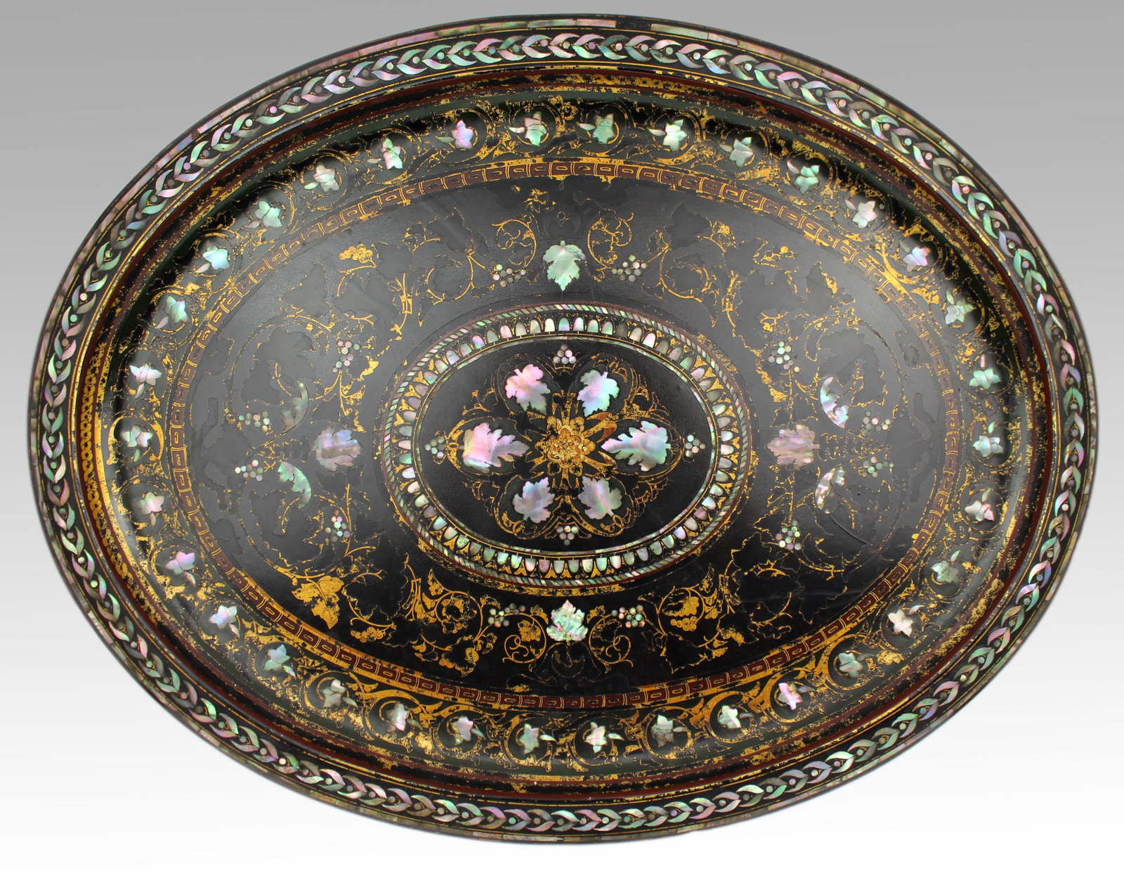 Victorian Oval Papier Mâché Tray by Benetfink & Co, London c.1870: Title: Victorian Oval Papier Mâché Tray by Benetfink & Co, London c.1870 Description: Victorian Papier-Mâché and Mother-of-Pearl Inlaid Tray by Benetfink & Co., London