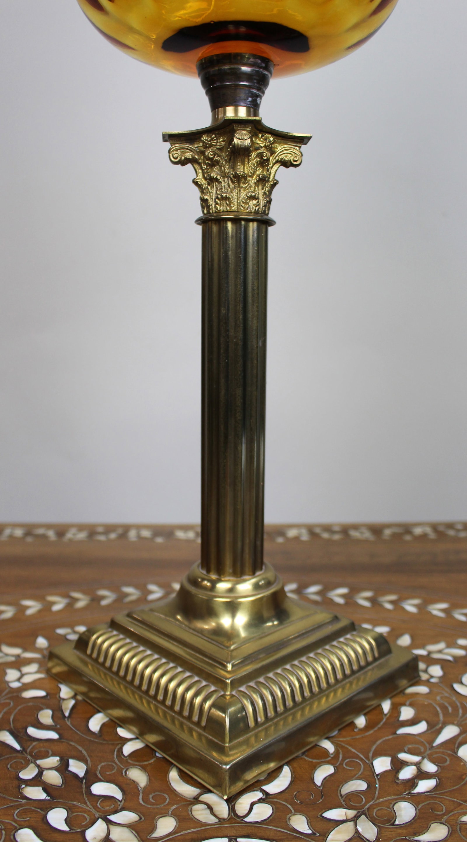 Victorian Brass Oil Lamp with Amber Glass Font - 10