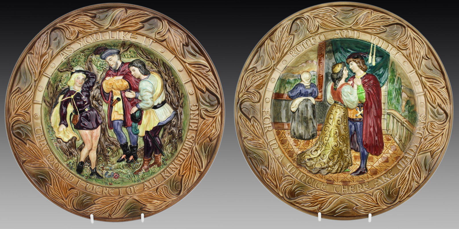 Pair of Beswick William Shakespeare Relief Chargers: Title: Pair of Beswick William Shakespeare Relief Chargers Description: Pair of Beswick Shakespearean Relief Chargers – "As You Like It" & "Romeo and Juliet" A fine pair of vinta