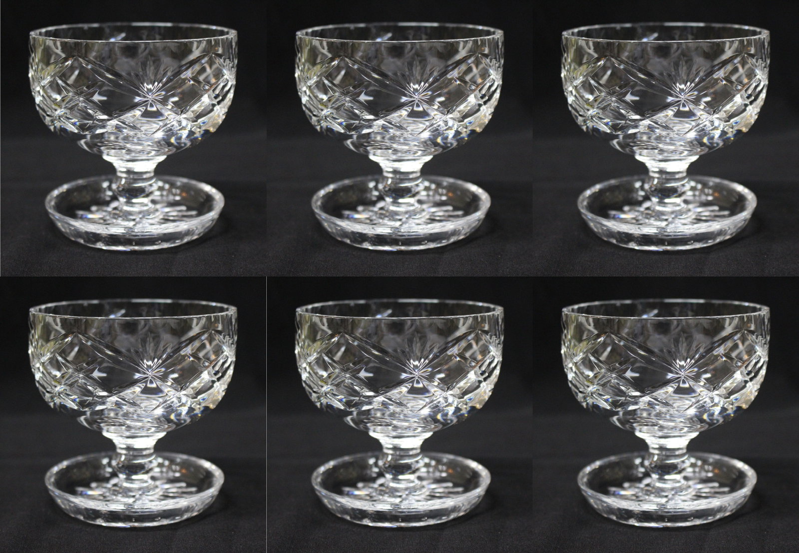 Set of 6 Vintage Cut Glass Crystal Sundae Dishes: Title: Set of 6 Vintage Cut Glass Crystal Sundae Dishes Description: Set of 6 Vintage Cut Glass Crystal Sundae Dishes Very nice quality set of 6 fine cut glass sundae dishes Can be used for desserts,