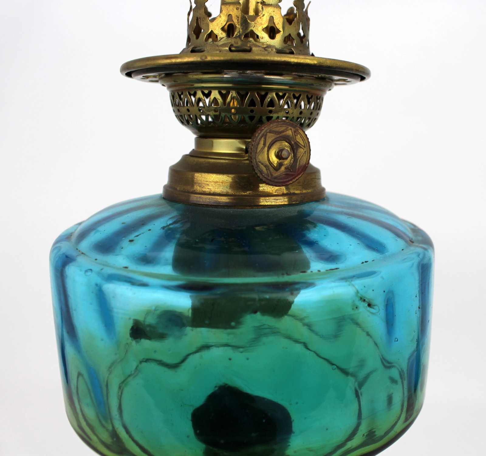 Antique Victorian Oil Lamp with Blue Glass Font - 12