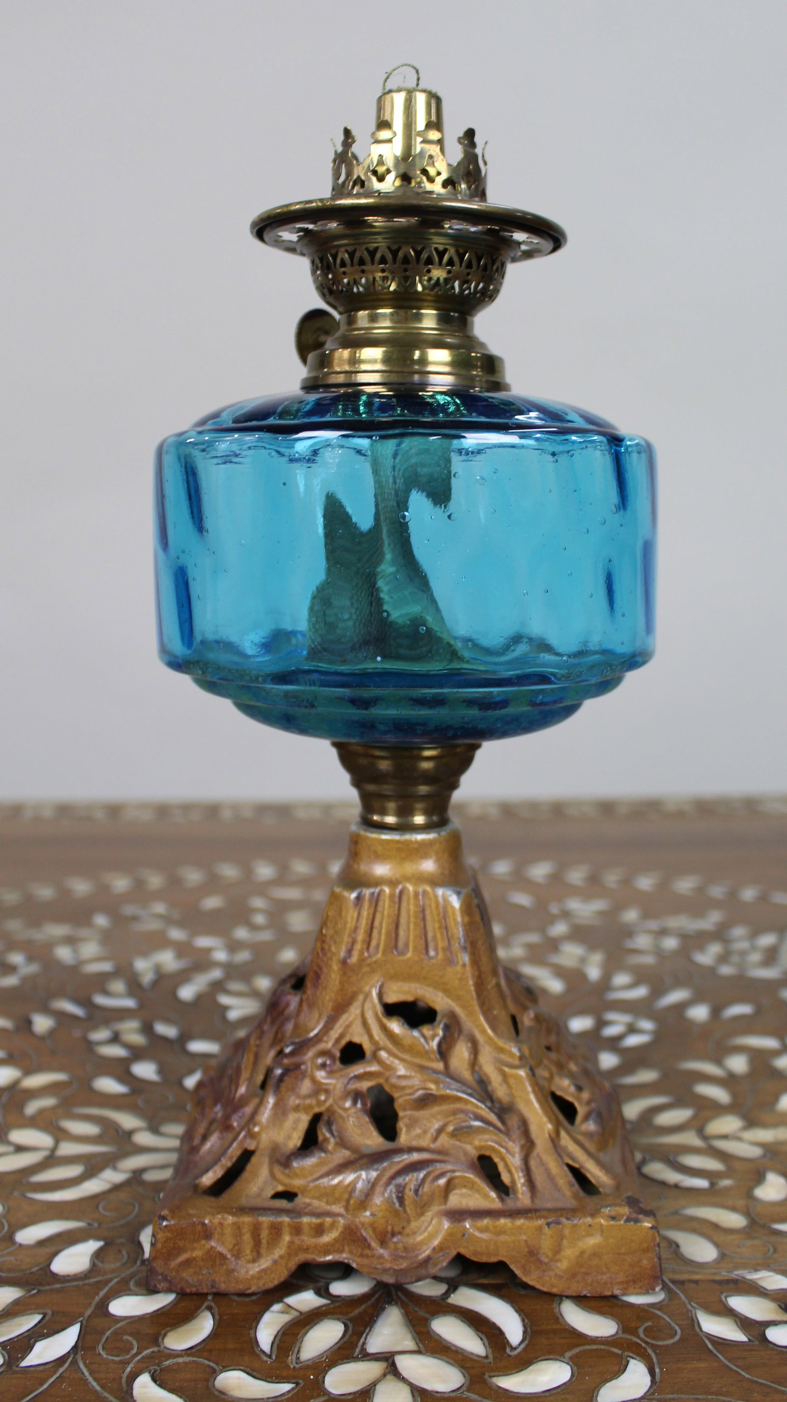 Antique Victorian Oil Lamp with Blue Glass Font - 2