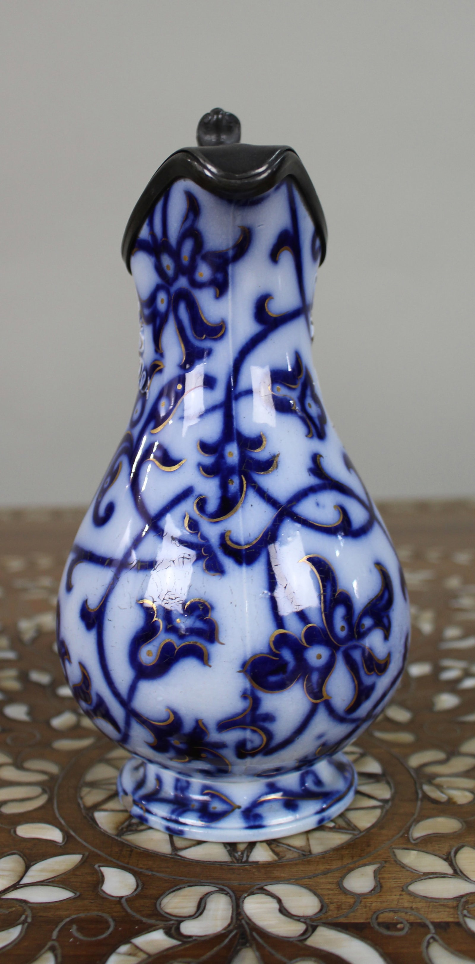 Victorian Flow Blue Relief-Moulded Jug with Pewter Lid, c.1850 - 4