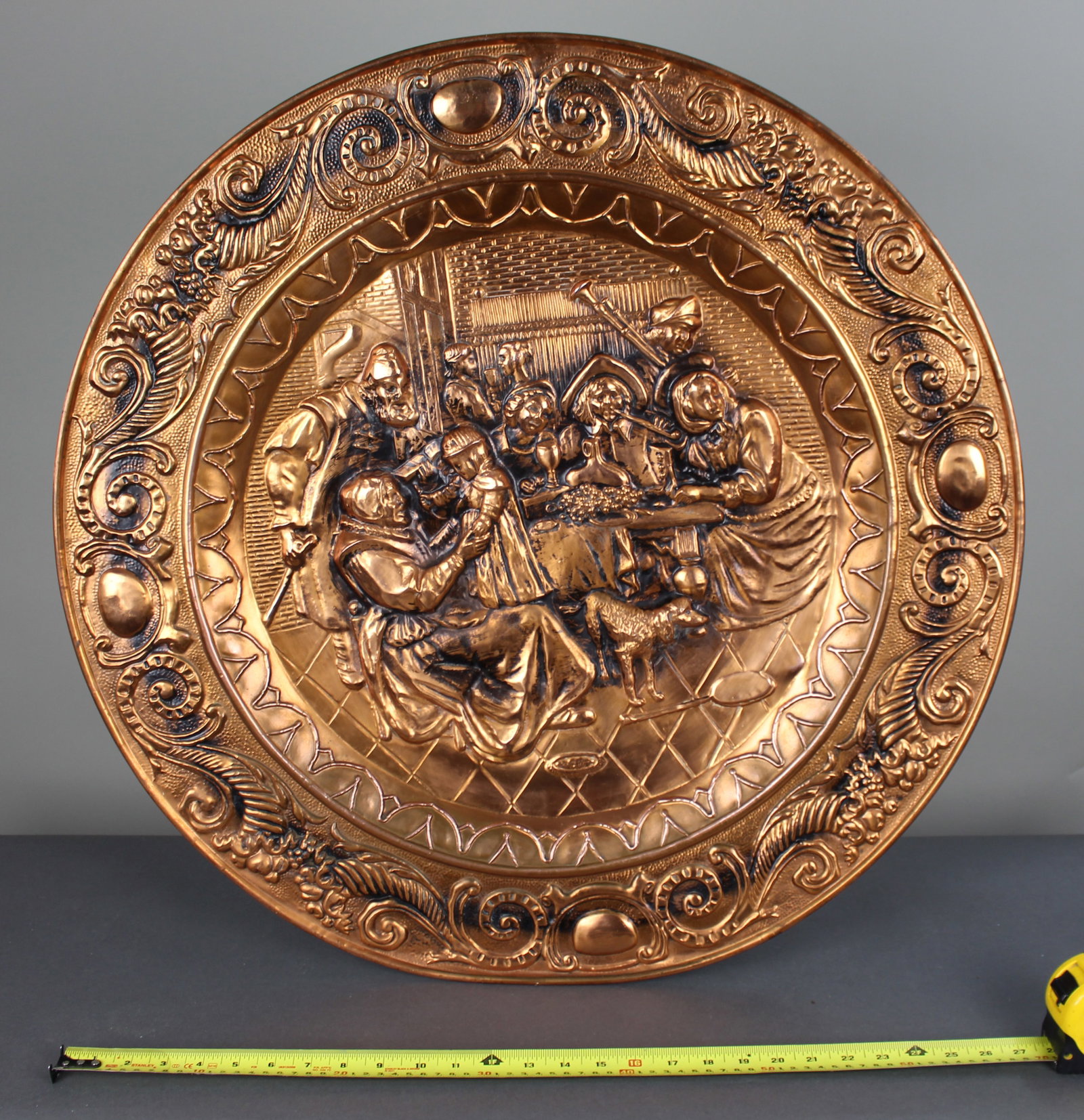 Large English Embossed Copper Tavern Scene Wall Charger - 7