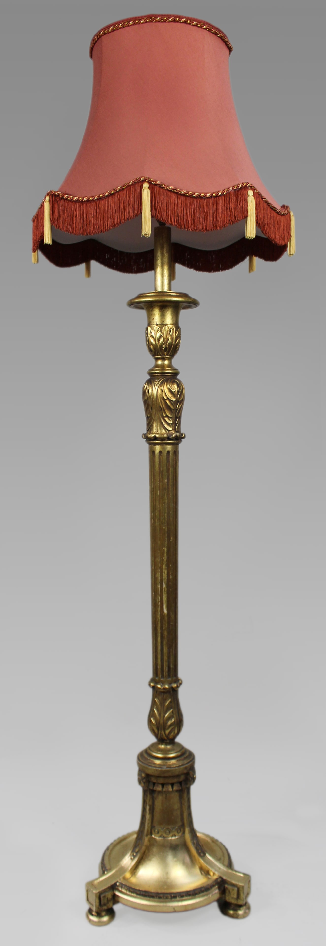 Carved Vintage Giltwood Standard Floor Lamp with Silk Shade (1 of 8)