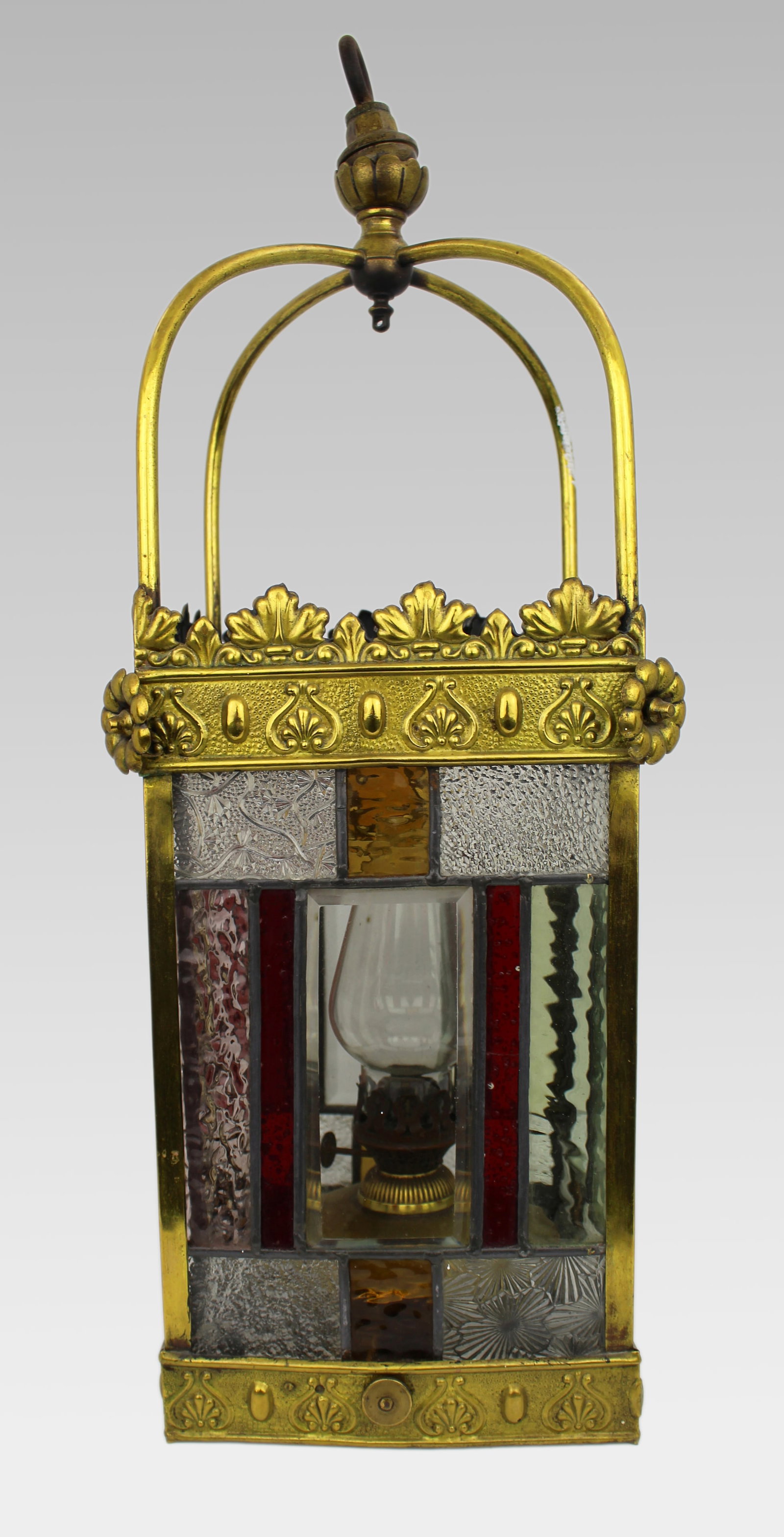 Victorian Arts & Crafts Stained Glass Oil Lamp Hall Lantern (1 of 7)