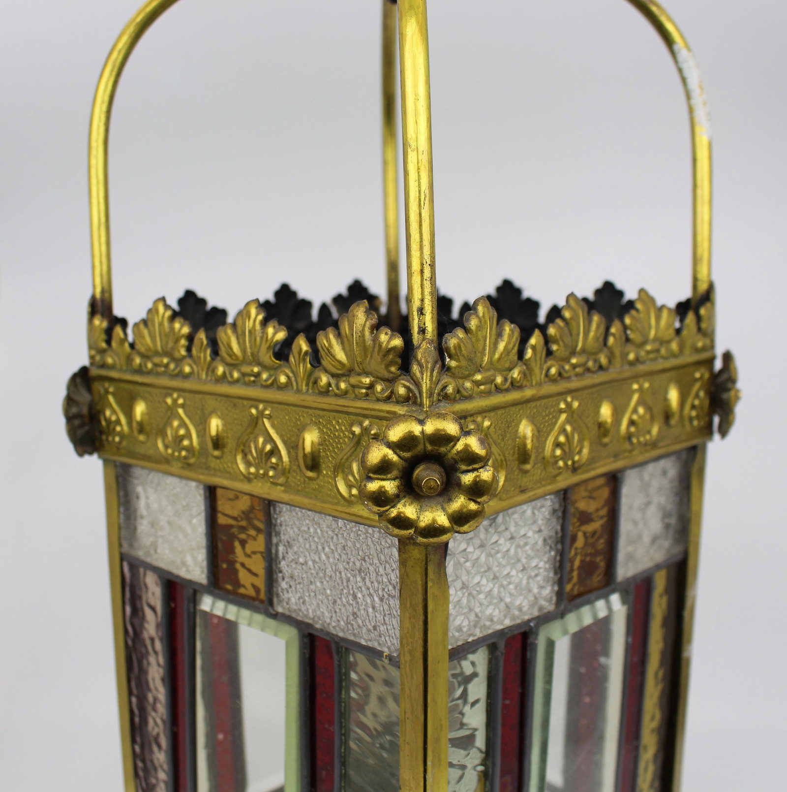Victorian Arts & Crafts Stained Glass Oil Lamp Hall Lantern - 4