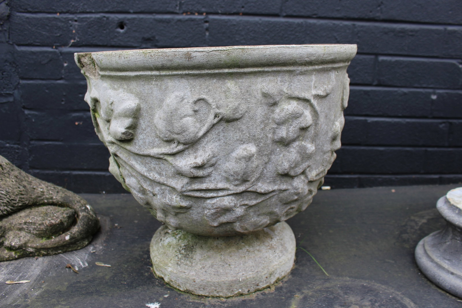 Garden Pot Planter with Floral Decoration: Title: Garden Pot Planter with Floral Decoration Description: Garden Pot Planter with Floral Decoration. Width: 43 cm. Height: 36 cm. Aged wear as photographed Condition: Used Delivery option: