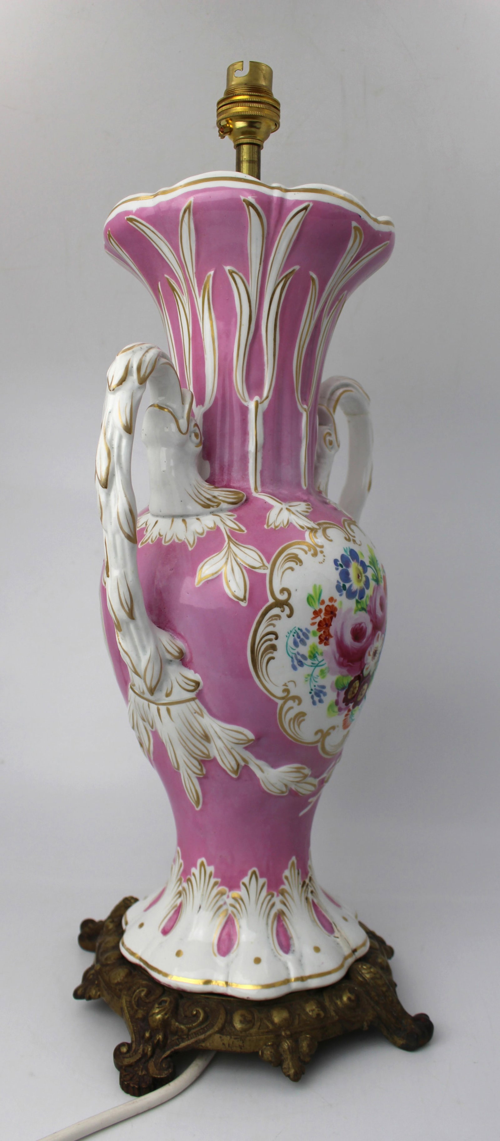 Antique Hand Painted Pink Ground Porcelain Table Lamp, c.1890 - 11