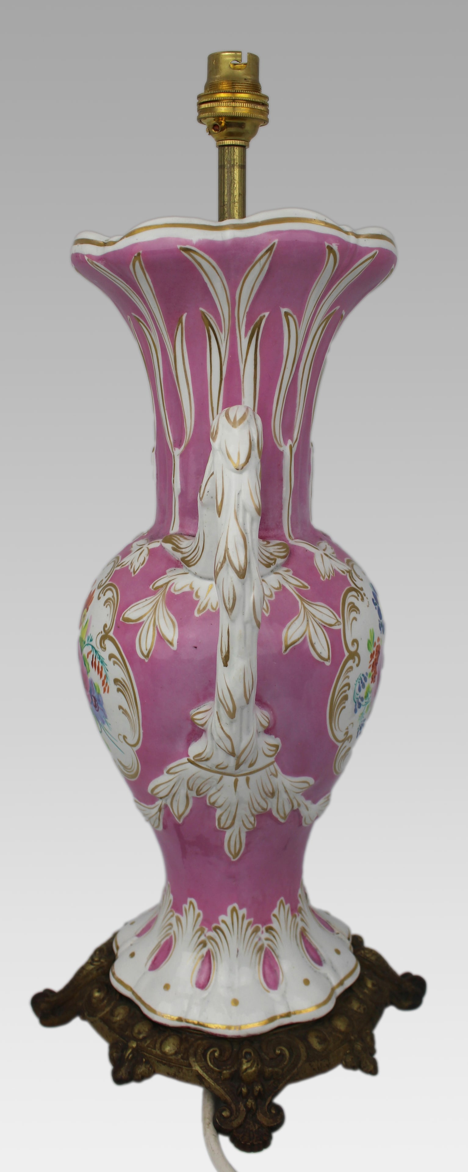 Antique Hand Painted Pink Ground Porcelain Table Lamp, c.1890 - 12