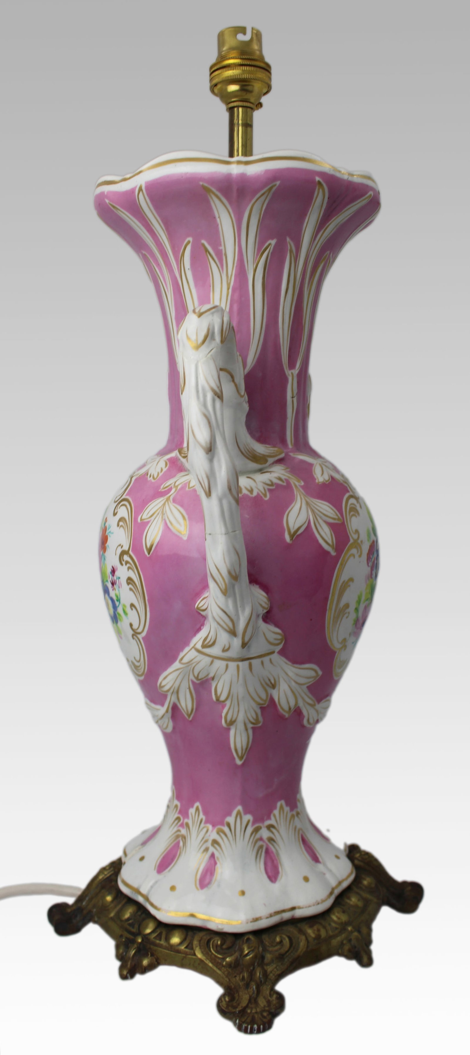 Antique Hand Painted Pink Ground Porcelain Table Lamp, c.1890 - 15