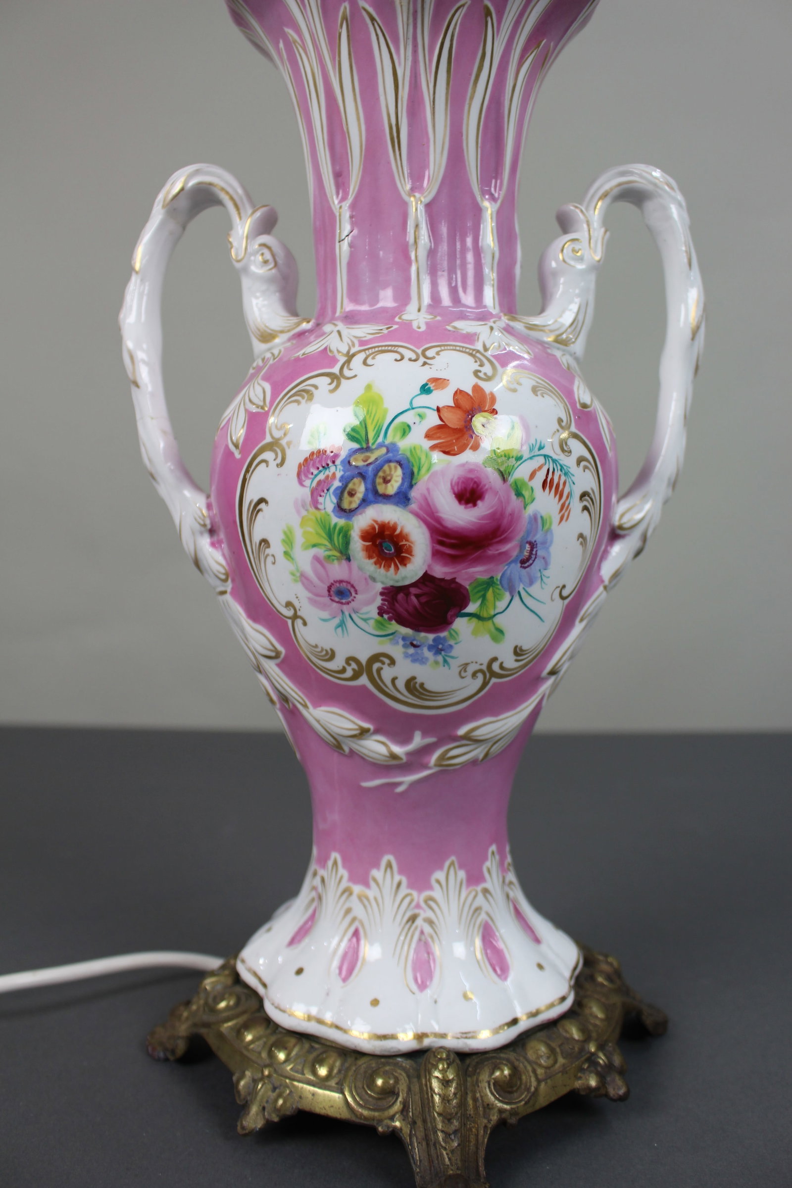 Antique Hand Painted Pink Ground Porcelain Table Lamp, c.1890 - 2