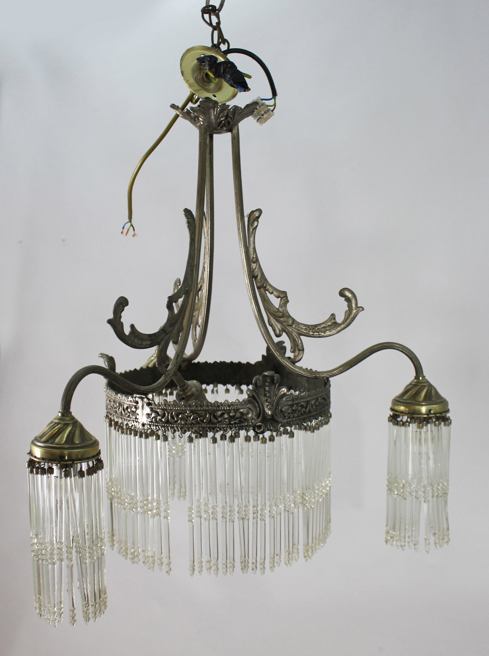 French Silver Metal & Crystal Chandelier: Title: French Silver Metal & Crystal Chandelier Description: French Silver Metal & Crystal Chandelier. Good condition. Lighting working. A very small number of crystal droppers not present.