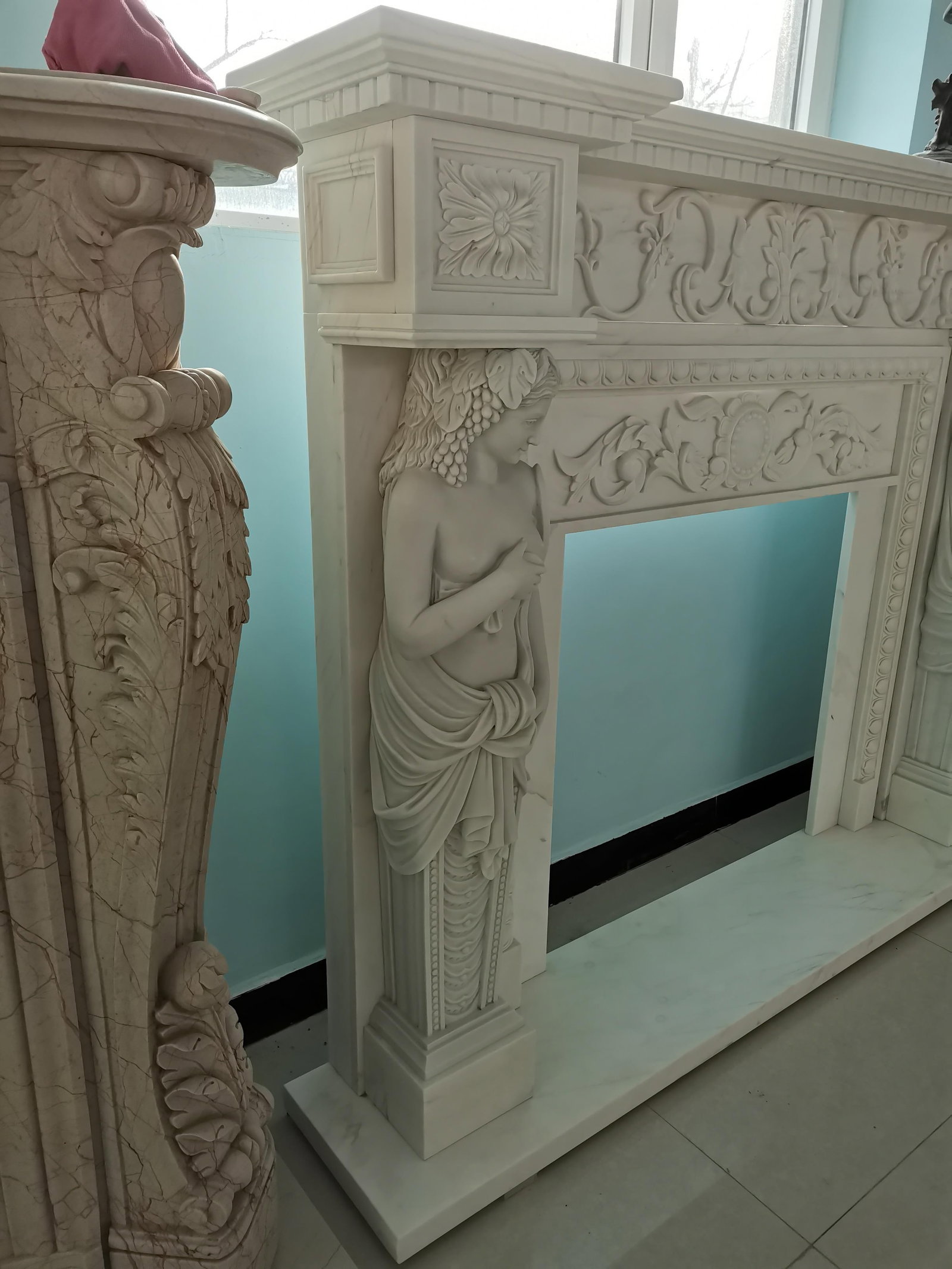 Carved White Marble Fire Surround with Caryatid Figures - 9