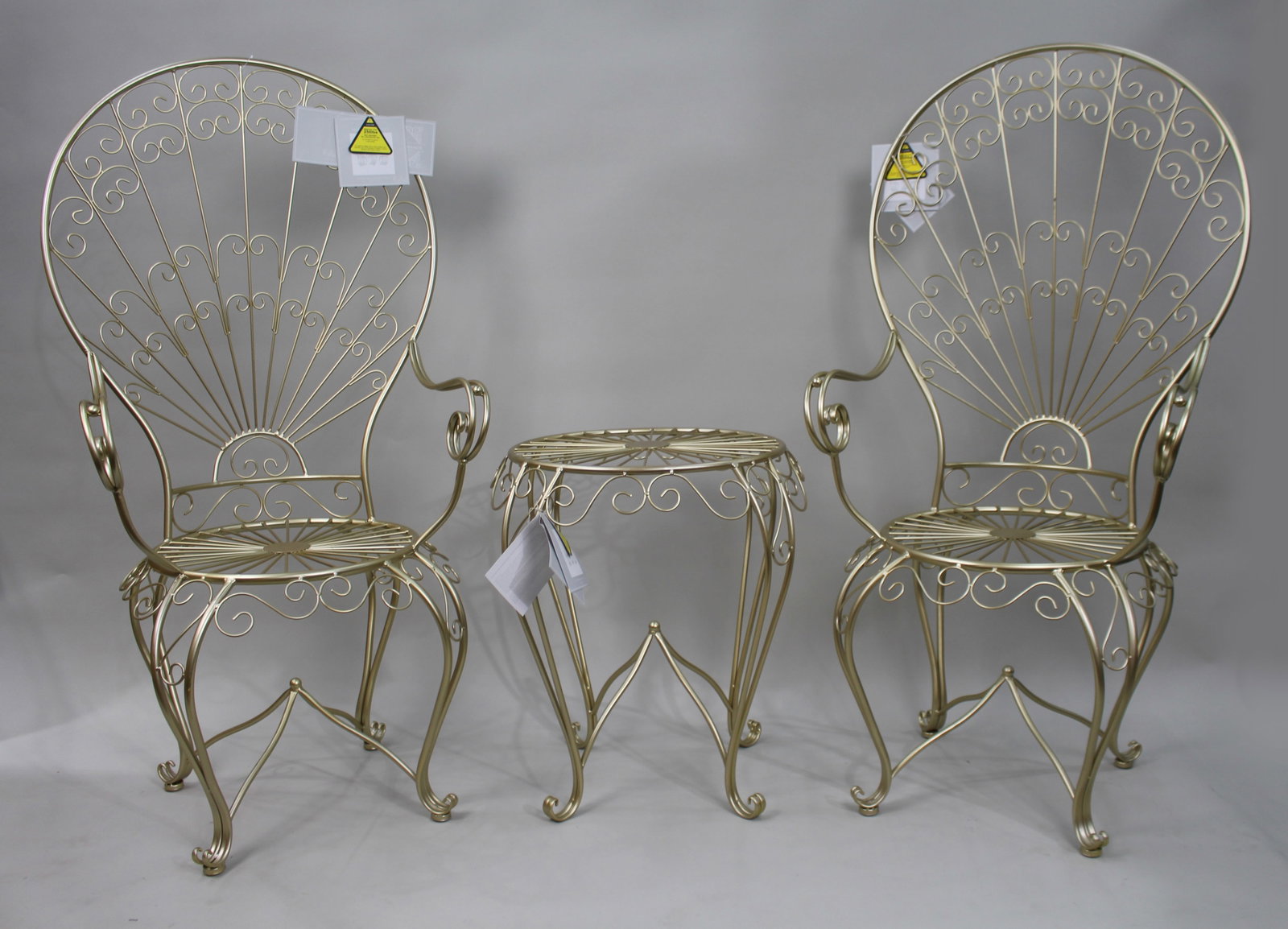 Pair of Hollywood Regency Gilt Metal Conservatory Chairs & Table: Title: Pair of Hollywood Regency Gilt Metal Conservatory Chairs & Table Description: Pair of Hollywood Regency Gilt Metal Conservatory Chairs & Table – Wellesley Manor An att