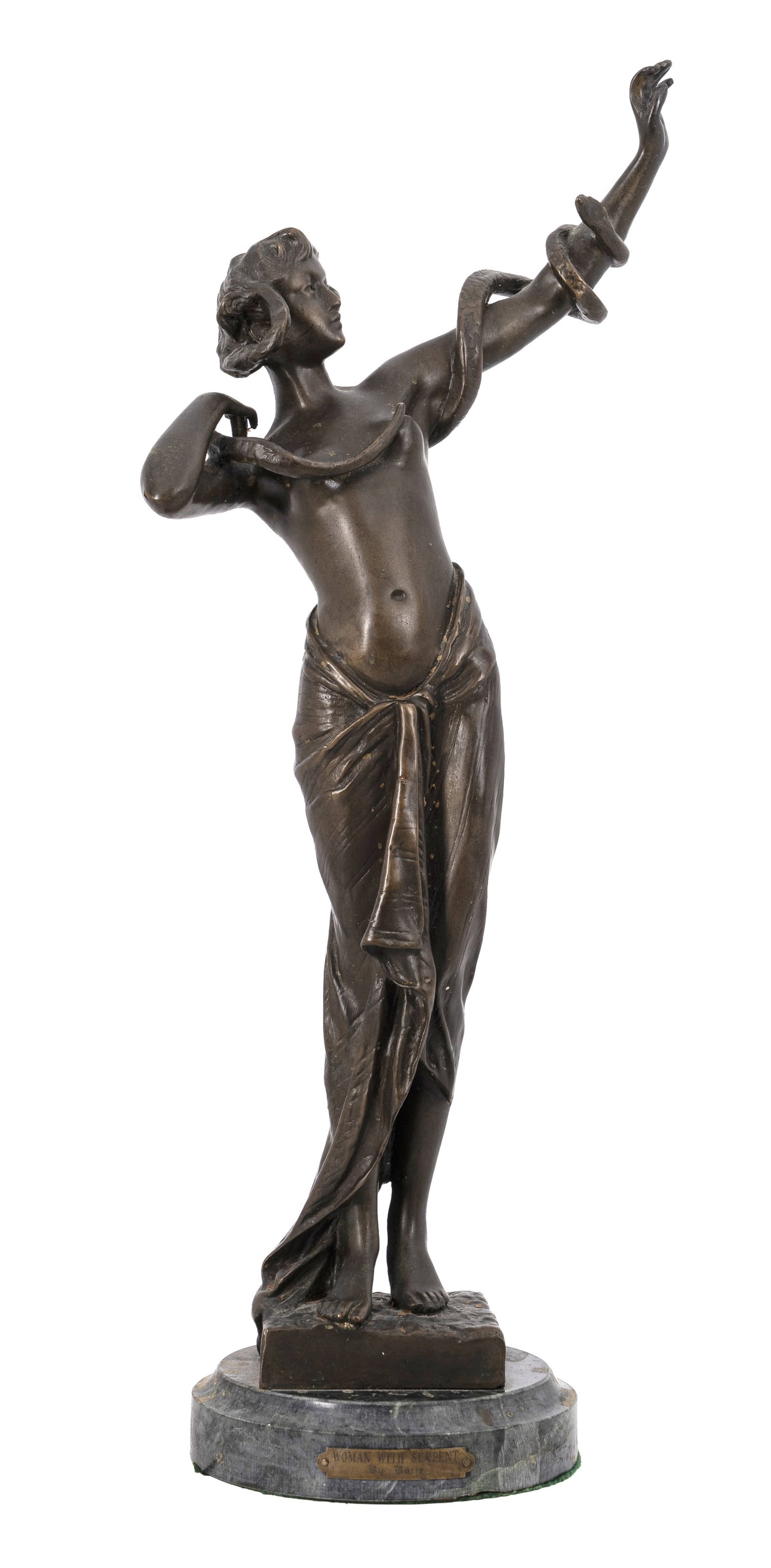 Fine Bronze Figure of a Woman with Serpent After Goldscheider: Title: Fine Bronze Figure of a Woman with Serpent After Goldscheider Description: Fine Bronze Figure of a Woman with Serpent After Goldscheider Mid-20th Century A striking decorative patinated bronze