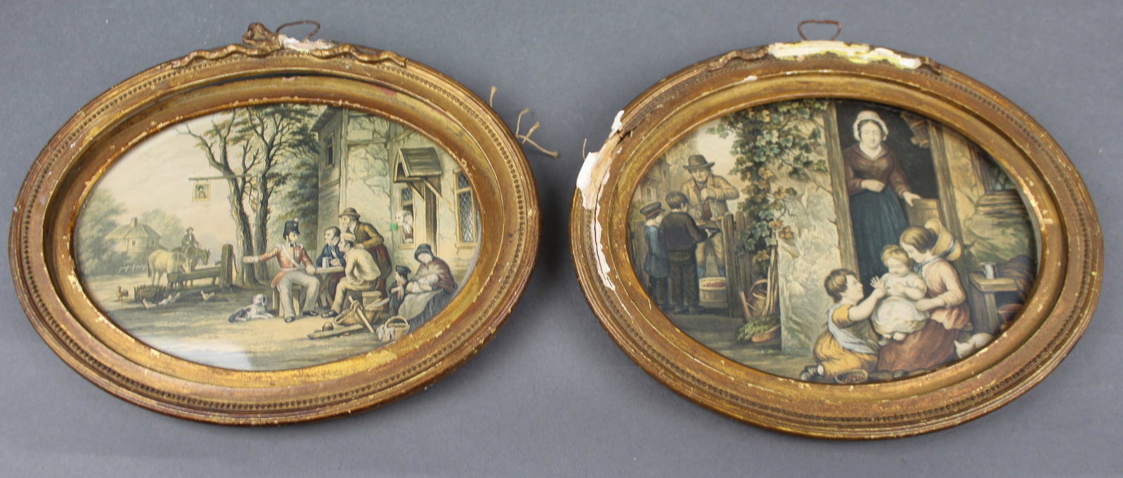 Pair of 19th Century Hand Coloured Rural Genre Prints in Oval Gilt Frames: Title: Pair of 19th Century Hand Coloured Rural Genre Prints in Oval Gilt Frames Description: Pair of 19th Century Hand Coloured Rural Genre Prints in Oval Gilt Frames A pair of hand colou