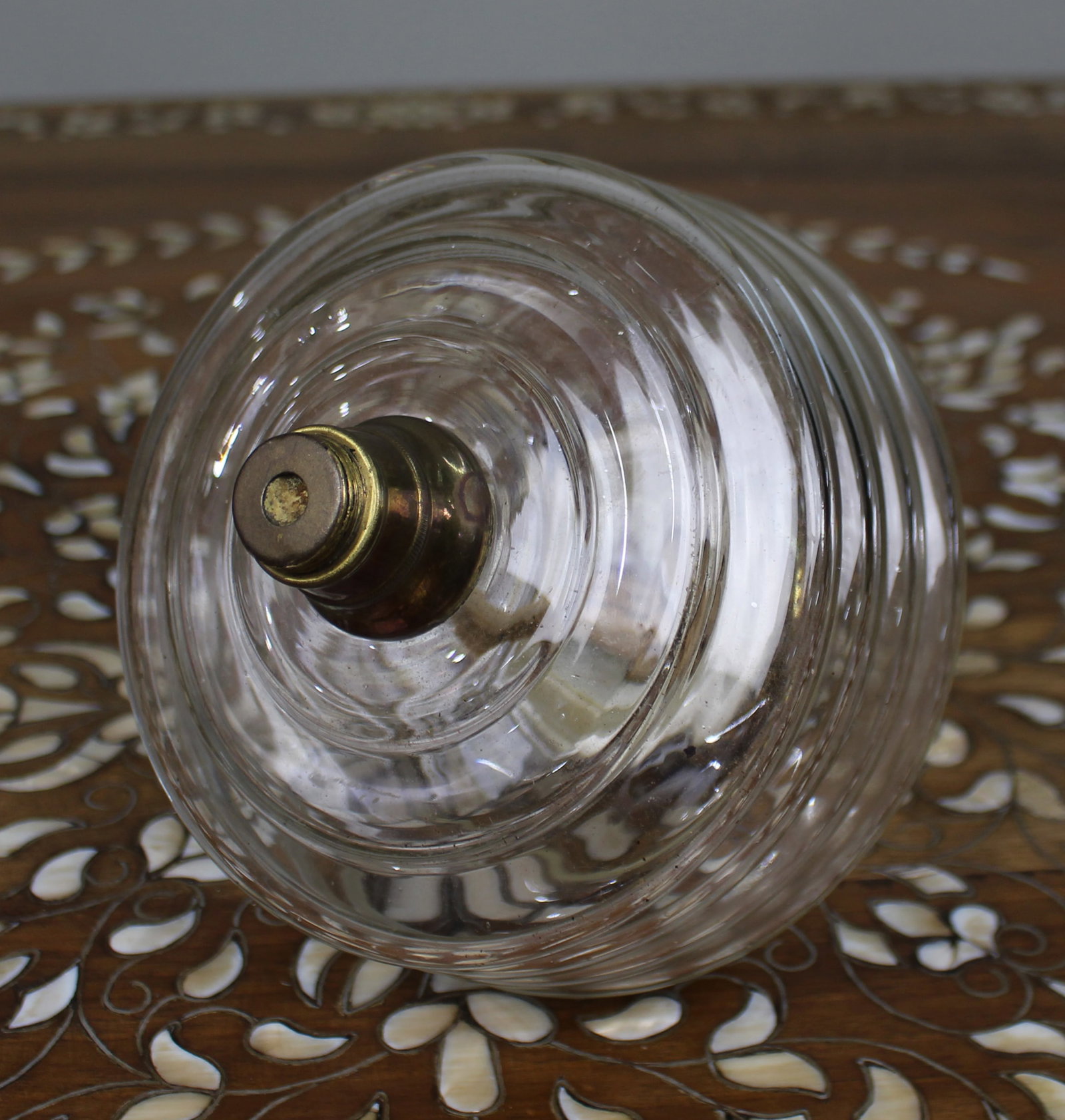 Antique Ribbed Glass and Brass Oil Lamp Font, c.1900 - 11